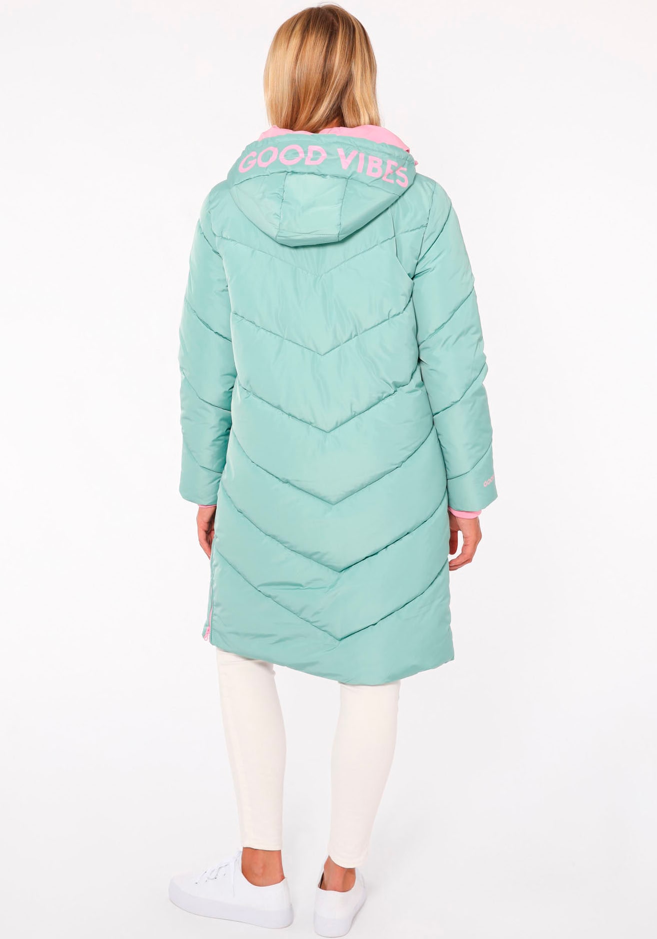 Zwillingsherz Steppmantel »"Positive Mind"«, Doppelzipper, Kapuze mit Schriftzug hinten, Kontrastdetails, wärmend