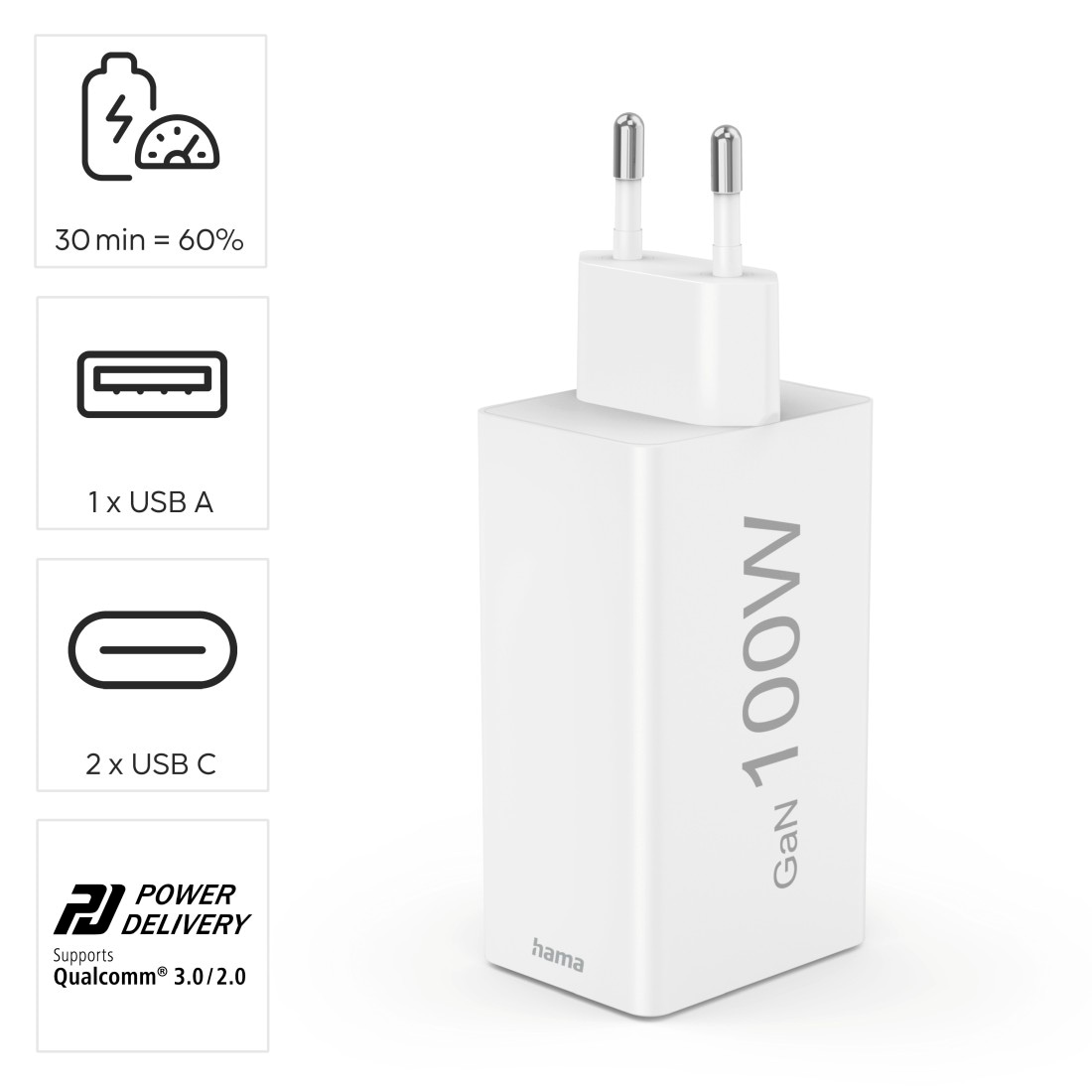 Hama Schnelllade-Gerät »Schnellladegerät (USB Ladegerät, 2x USB-C, 1x USB-A, GaN, 100 Watt)«, (1 St.)