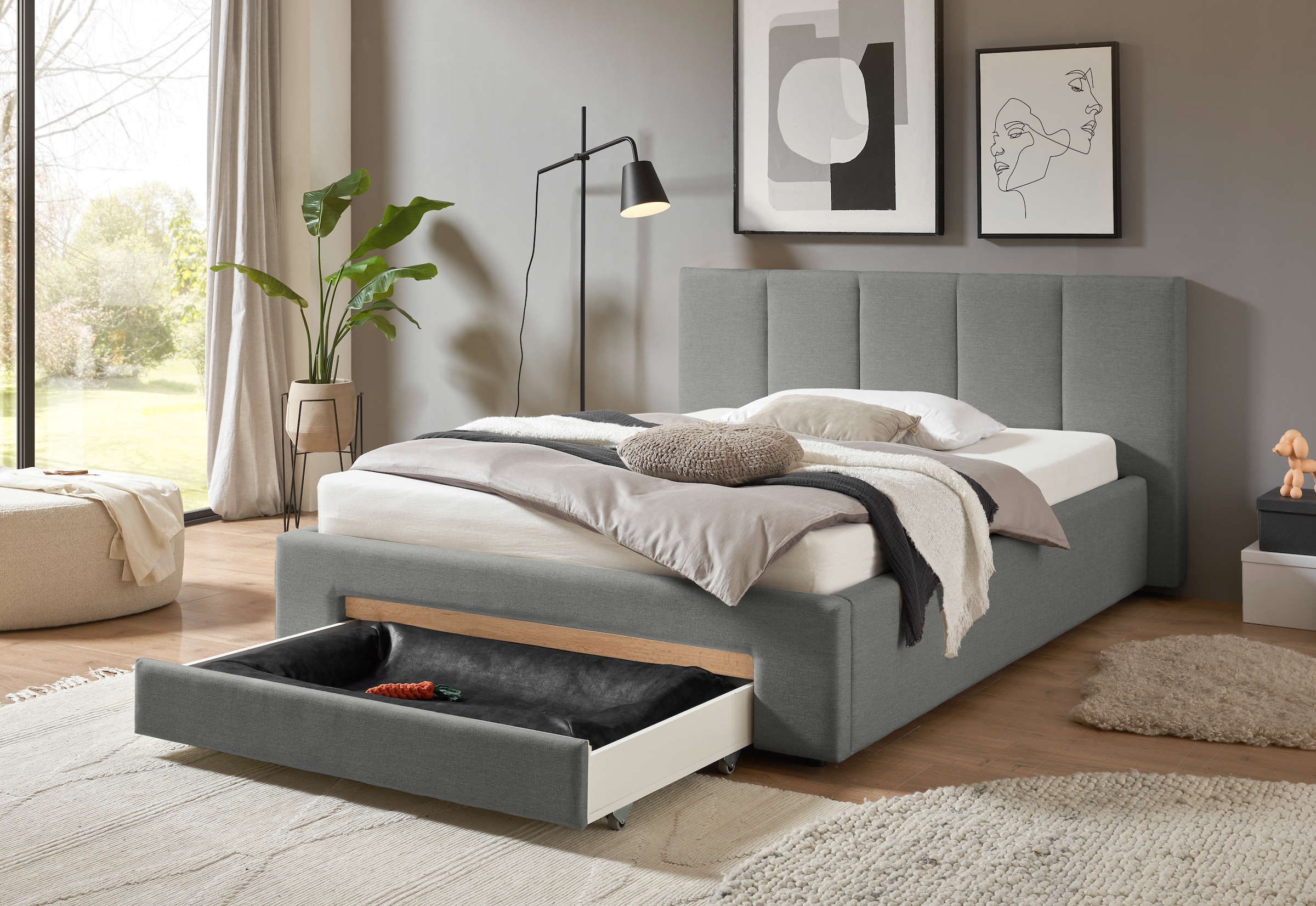 INOSIGN Polsterbett »CiTY/GiRON, Bettgestell mit Bettkasten, gepolstertes Stauraumbett«, mit Hundebett oder Stauraumschublade, Bezug Cord-oder Leinenoptik