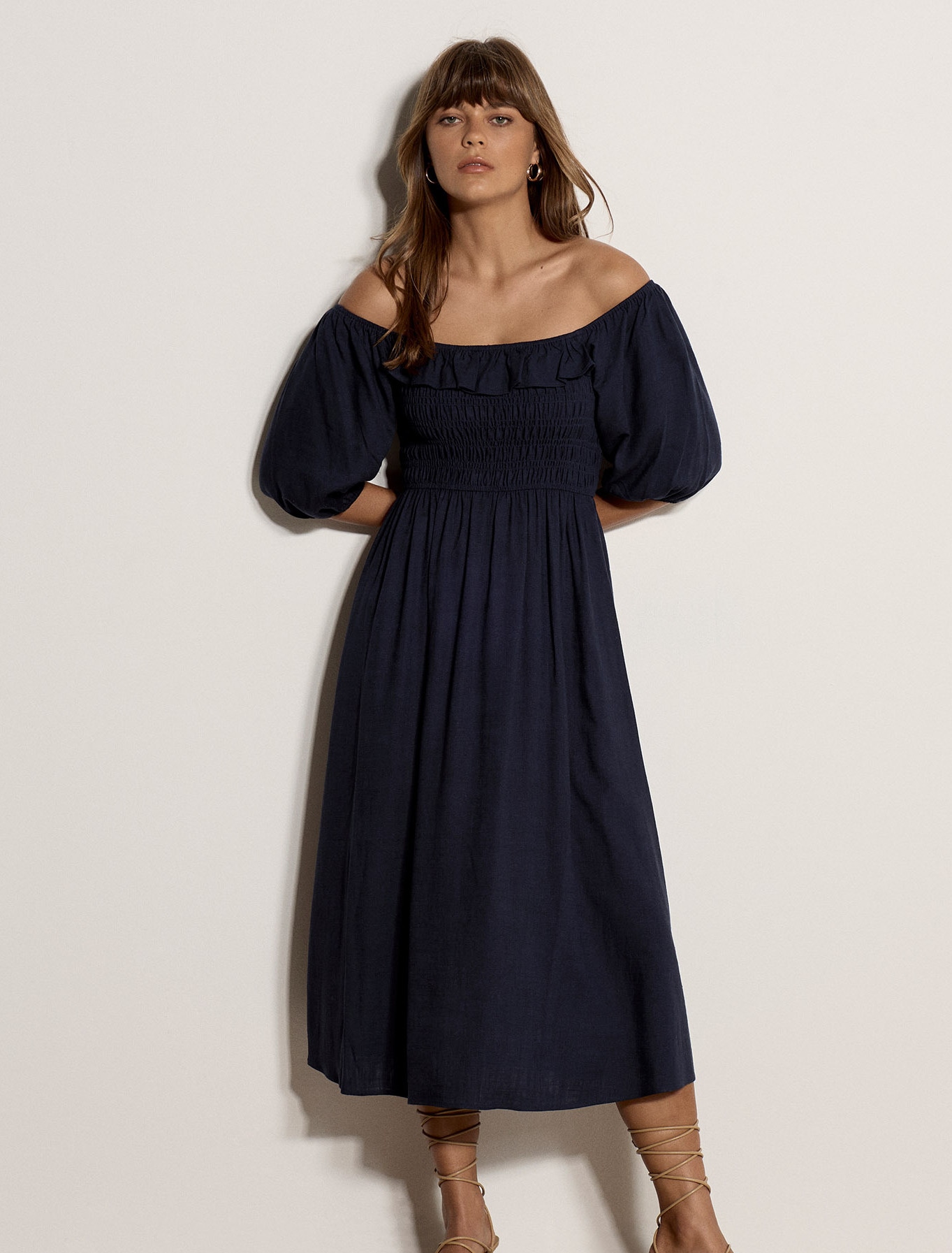 Apricot Maxikleid "Langes Kleid mit Bardot-Ausschnitt" mit Raffungen
