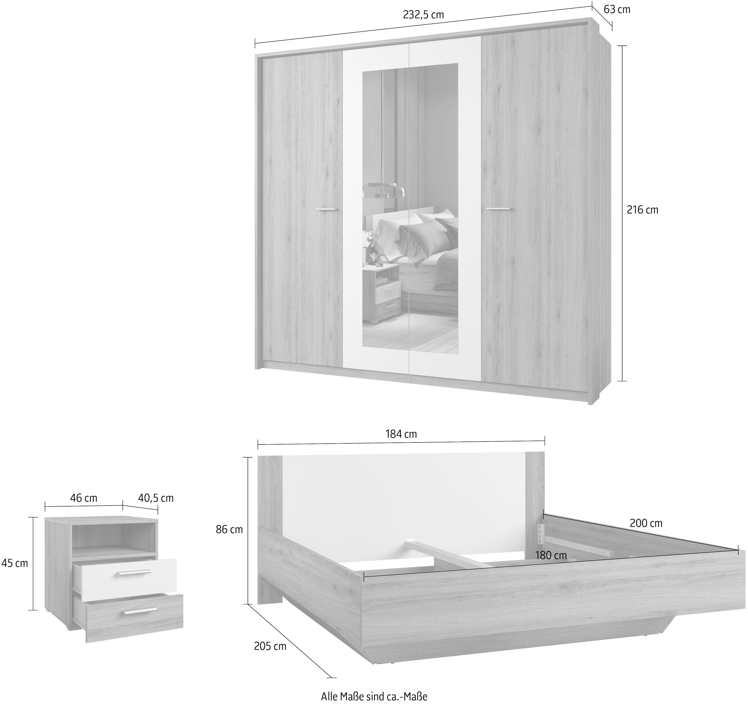 Home affaire Schlafzimmer-Set »Bitry,Set 4-St(Bett 180 cm, 2xNako, Drehtürenschrank)«, Komplettschlafzimmer, viel Stauraum, fühlbare Struktur, Holzoptik
