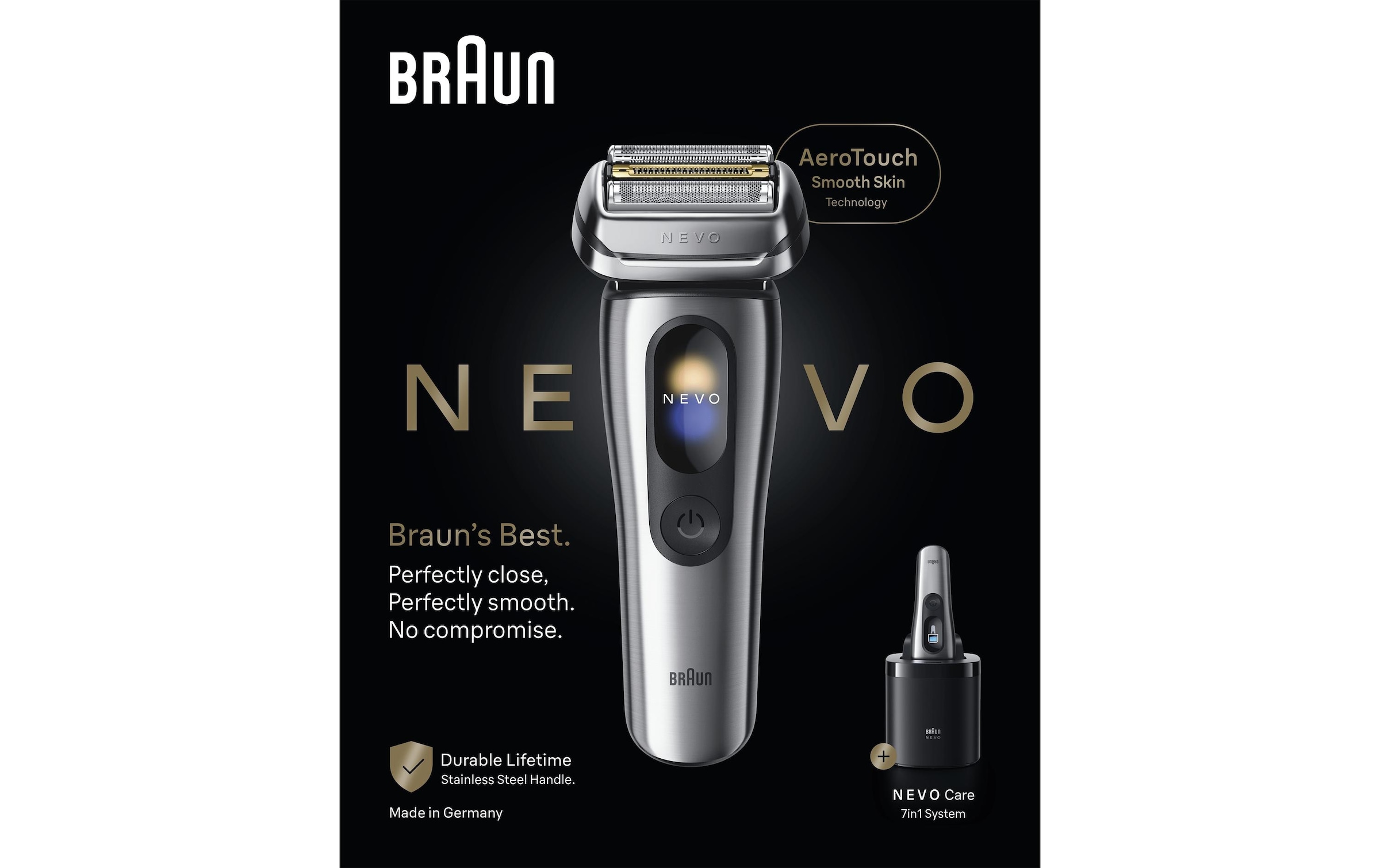 Braun Silber Elektrorasierer "Nevo 11000Cc" Smartclean-Plus-Reinigungsstation Integrierter Präzisionstrimmer Aerotouch Smart Display 7-In-1 Care System Reiseetui von Baur - Image 12