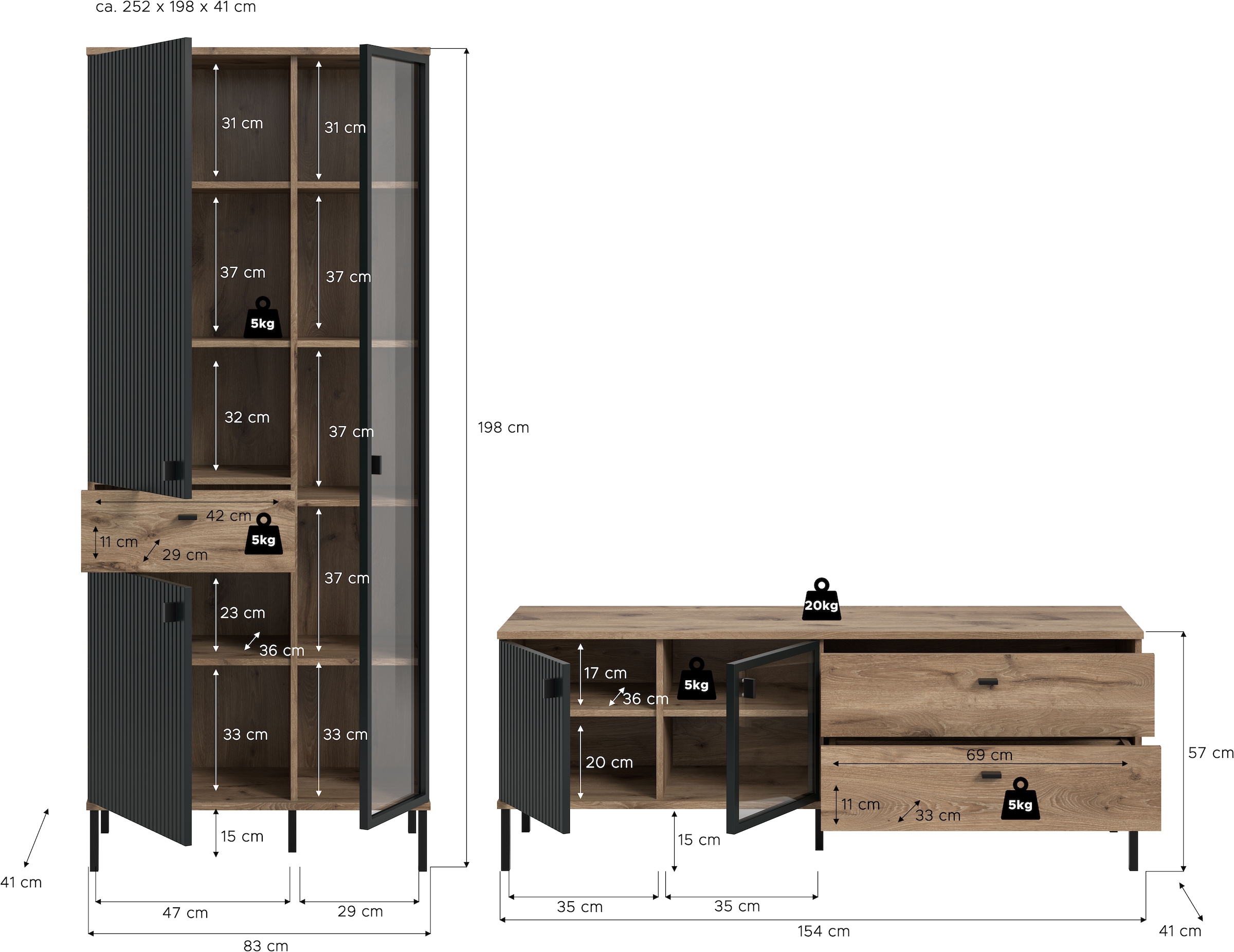 INOSIGN Wohnwand »TREVERK, Breite: 252 cm, hochwertige MDF-Front schwarz tiefzieh« Set, Set, best. aus: 1 Stauraumvitrine, 1 Lowboard, 2 Stk. tlg.