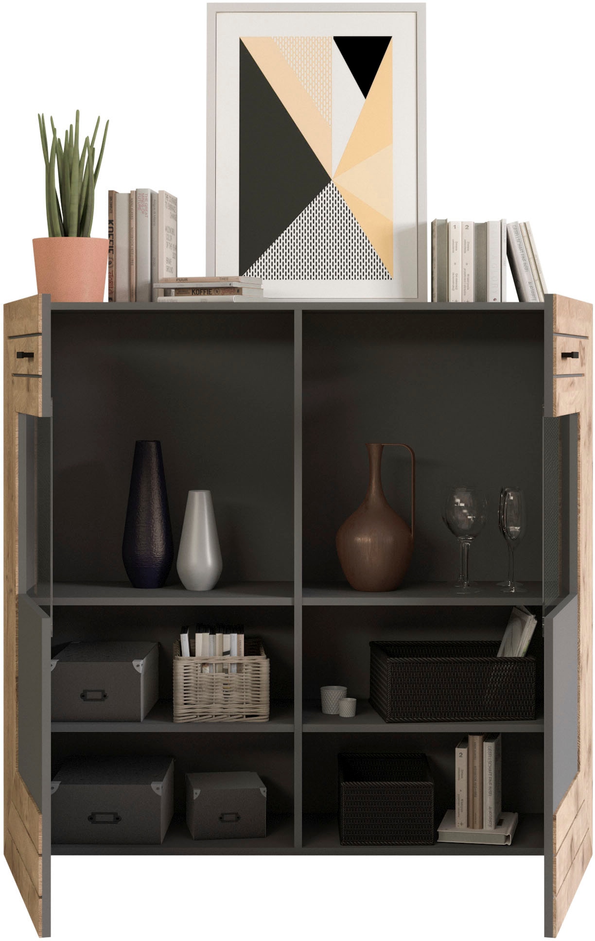 INOSIGN Wohnwand »Aalborg, Breite 350cm, 2-farbig,Metallgriffe, 4-teilig, bestehend aus:«, (4 St.), 1x Vitrine, 1x Lowboard, 1x Wandboard und 1x Highboard
