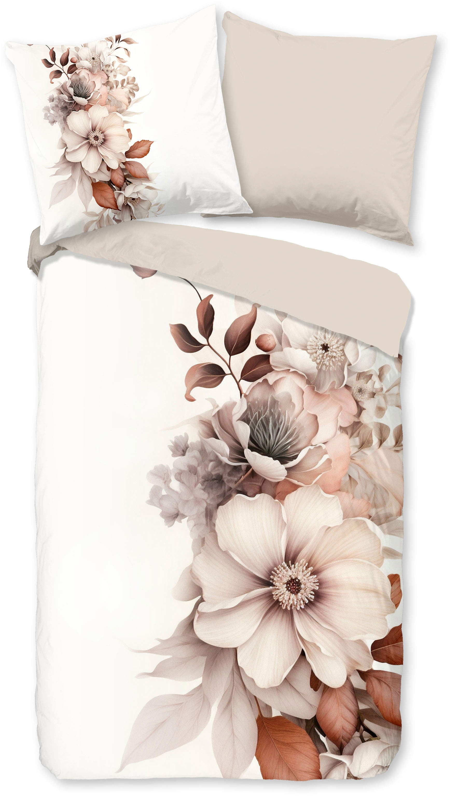 good morning Wendebettwäsche "Vester" 2 Stk. 100% Baumwolle, Renforcé, Reißverschluss, Wendeoptik, Blumen, cream