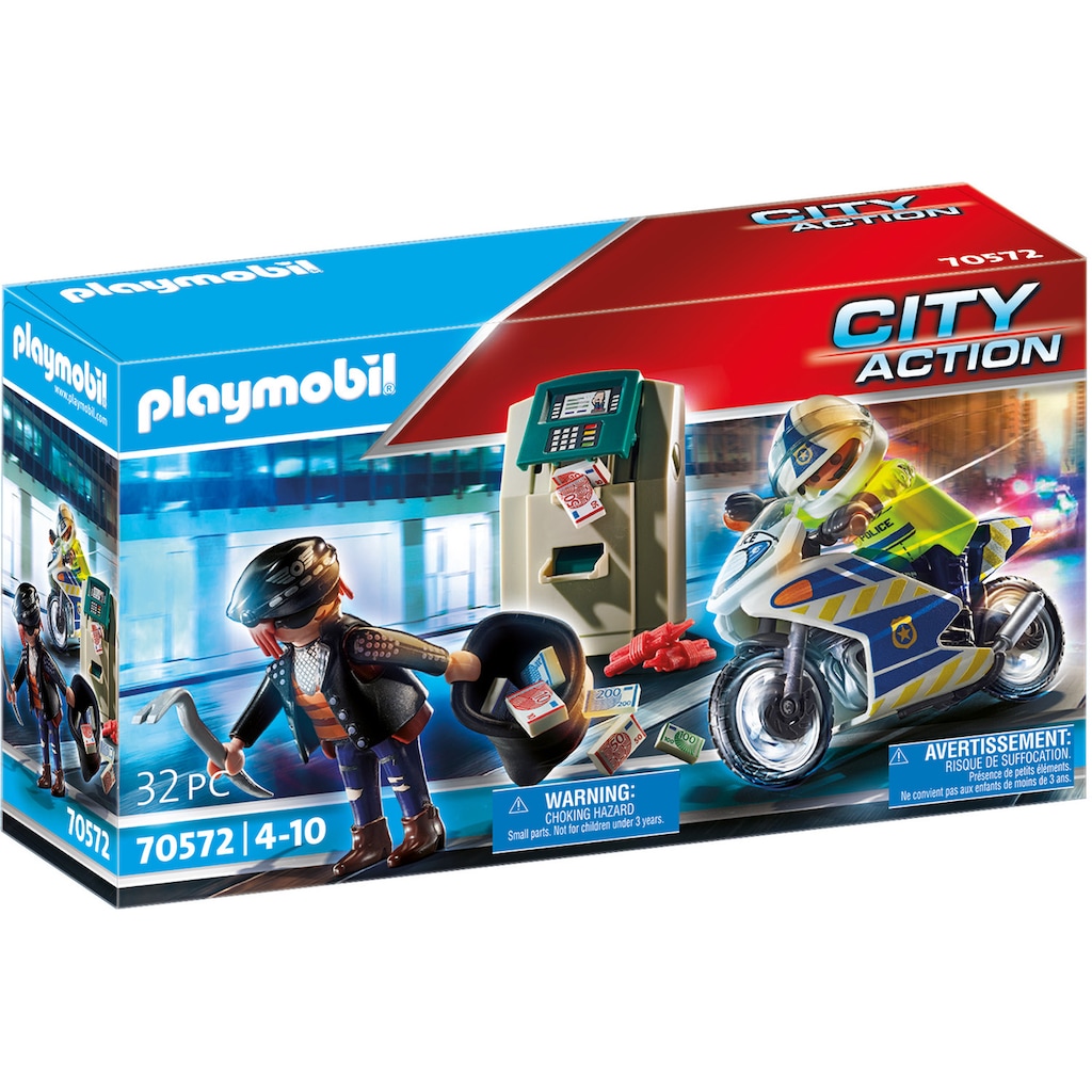 Playmobil® Konstruktions-Spielset »Polizei-Motorrad: Verfolgung des Geldräubers (70572), City Action«, (32 St.), Made in Europe