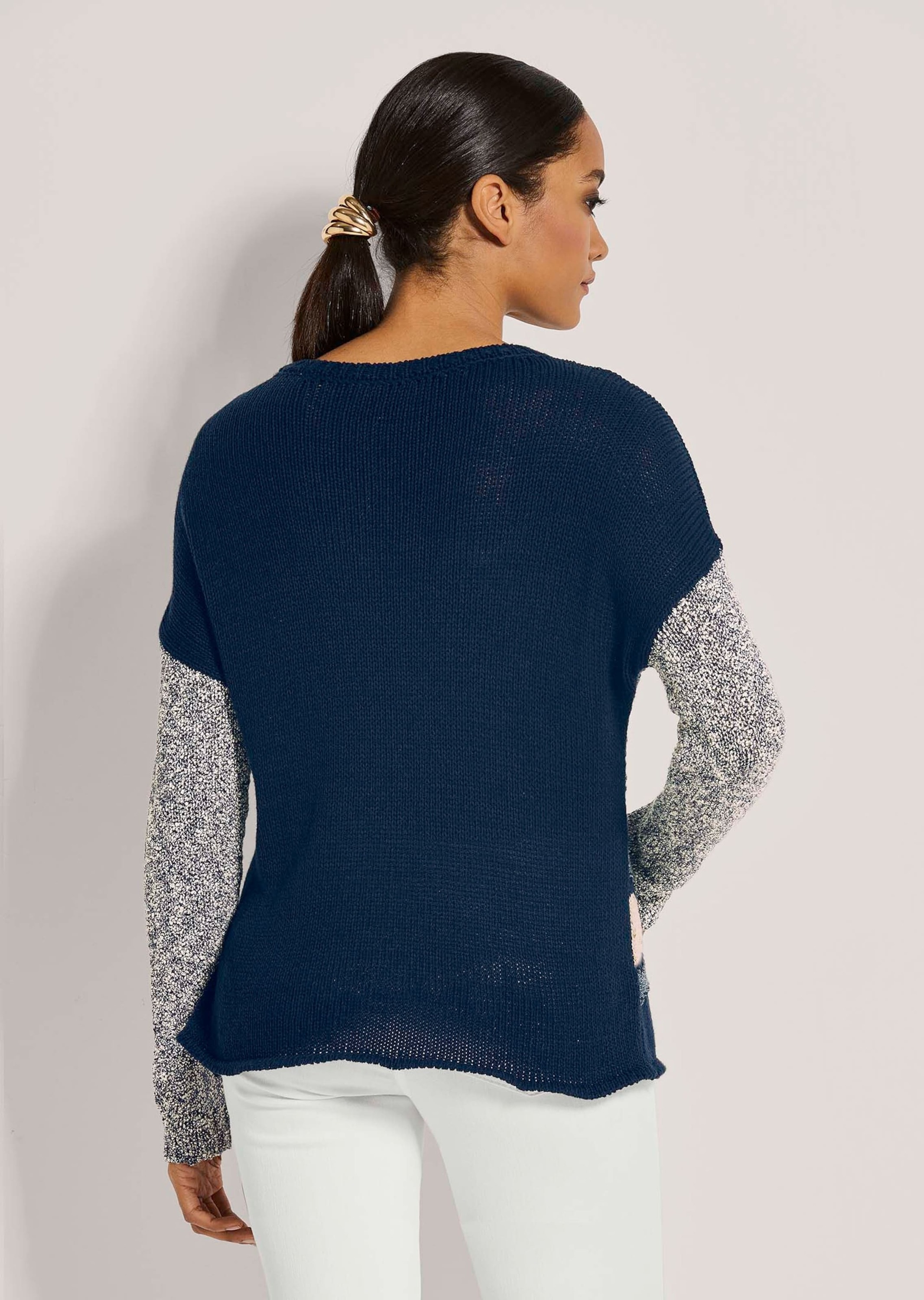 Longpullover MADELEINE "Pullover Rundhals-Pullover mit Intarsien", Damen, Gr. 36/38, blau (stahlblau, marine, silberfarben), Obermaterial: 72% Baumwolle CO. 19% Polyacryl PAN. 7% Viskose CV. 1% Elasthan EL. 1% metallisierte Fasern MTF., Modern, normal, Pu 3