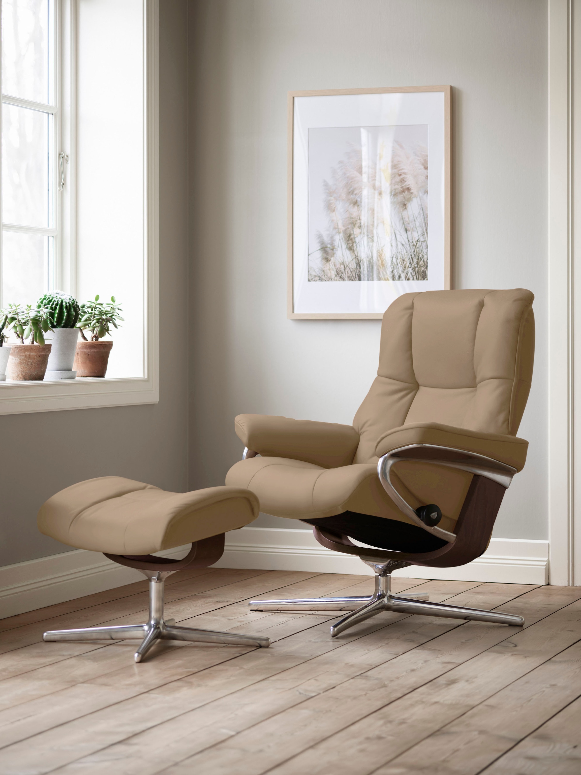 Stressless Relaxsessel "Mayfair" Set, Relaxsessel mit Hocker, mit Hocker, mit Cross Base, Größe S, M & L, Holzakzent Braun
