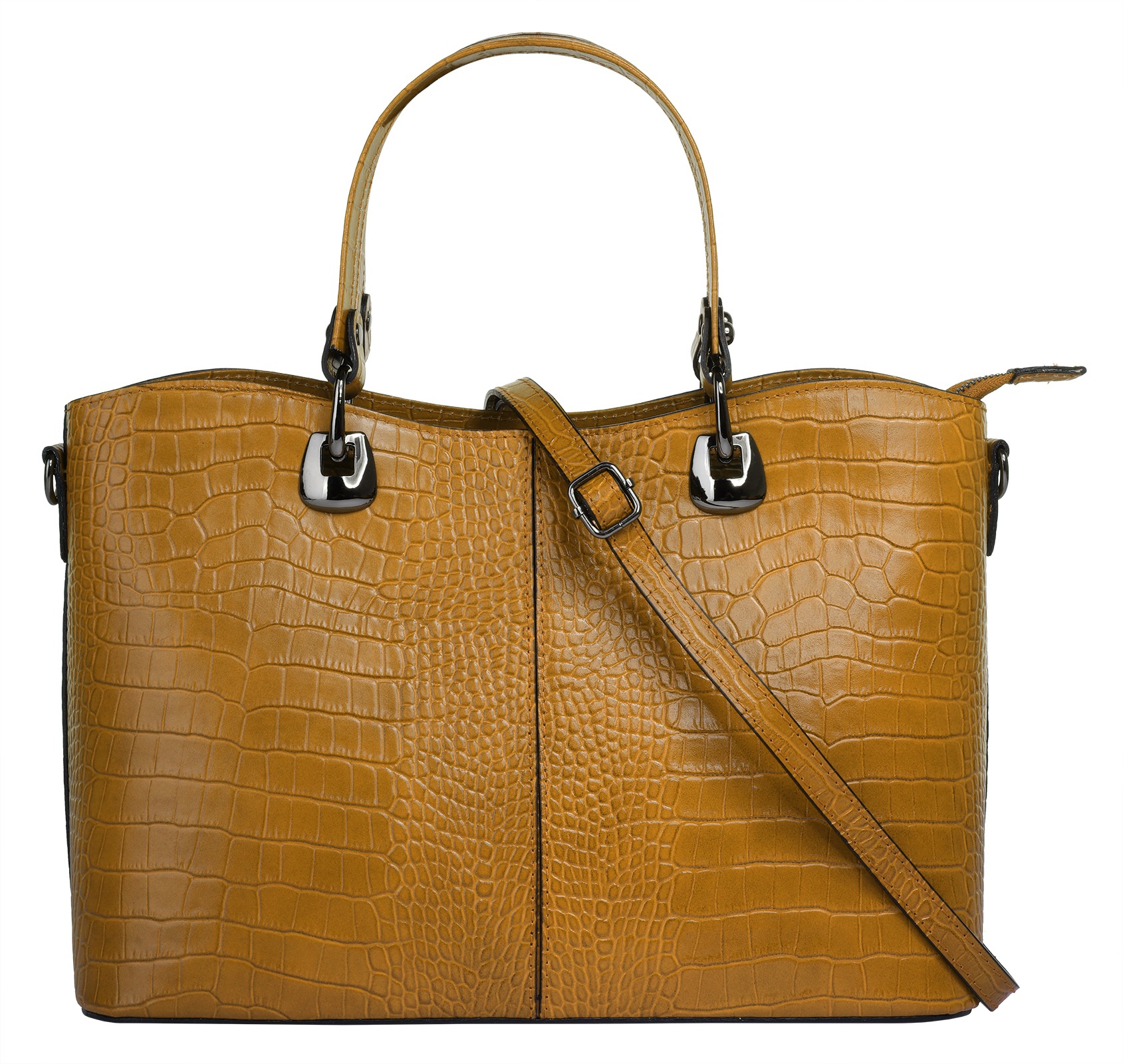 Henkeltasche CLUTY, Damen, Gr. B/H/T: 32cm x 22cm x 11cm onesize, gelb, Leder, Reptilienprägung, Taschen, echt Leder, Made in Italy