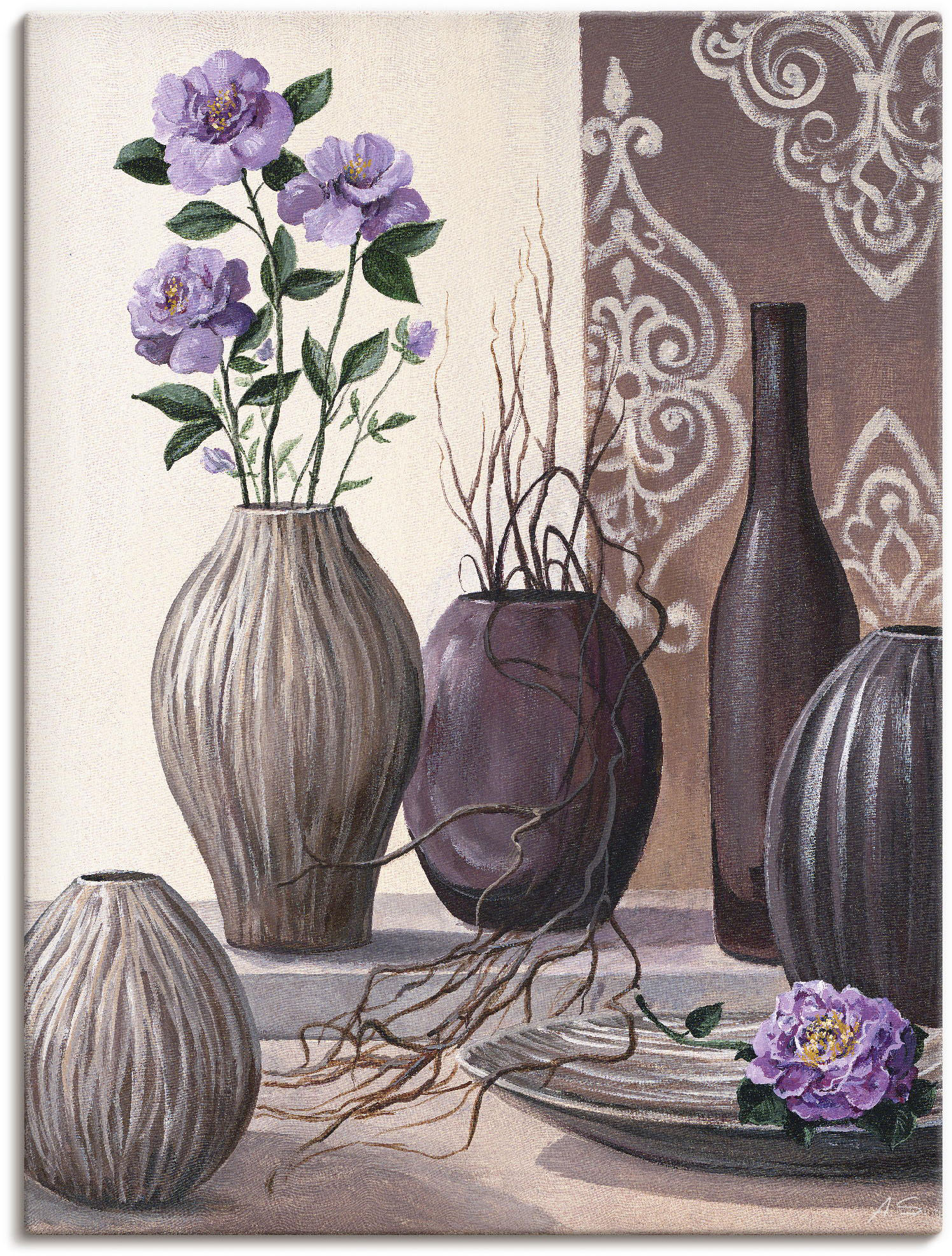 Artland Leinwandbild "Violette Rosen und braune Vasen" Vasen & Töpfe 1 Stk. tlg. auf Holzrahmen gespannt