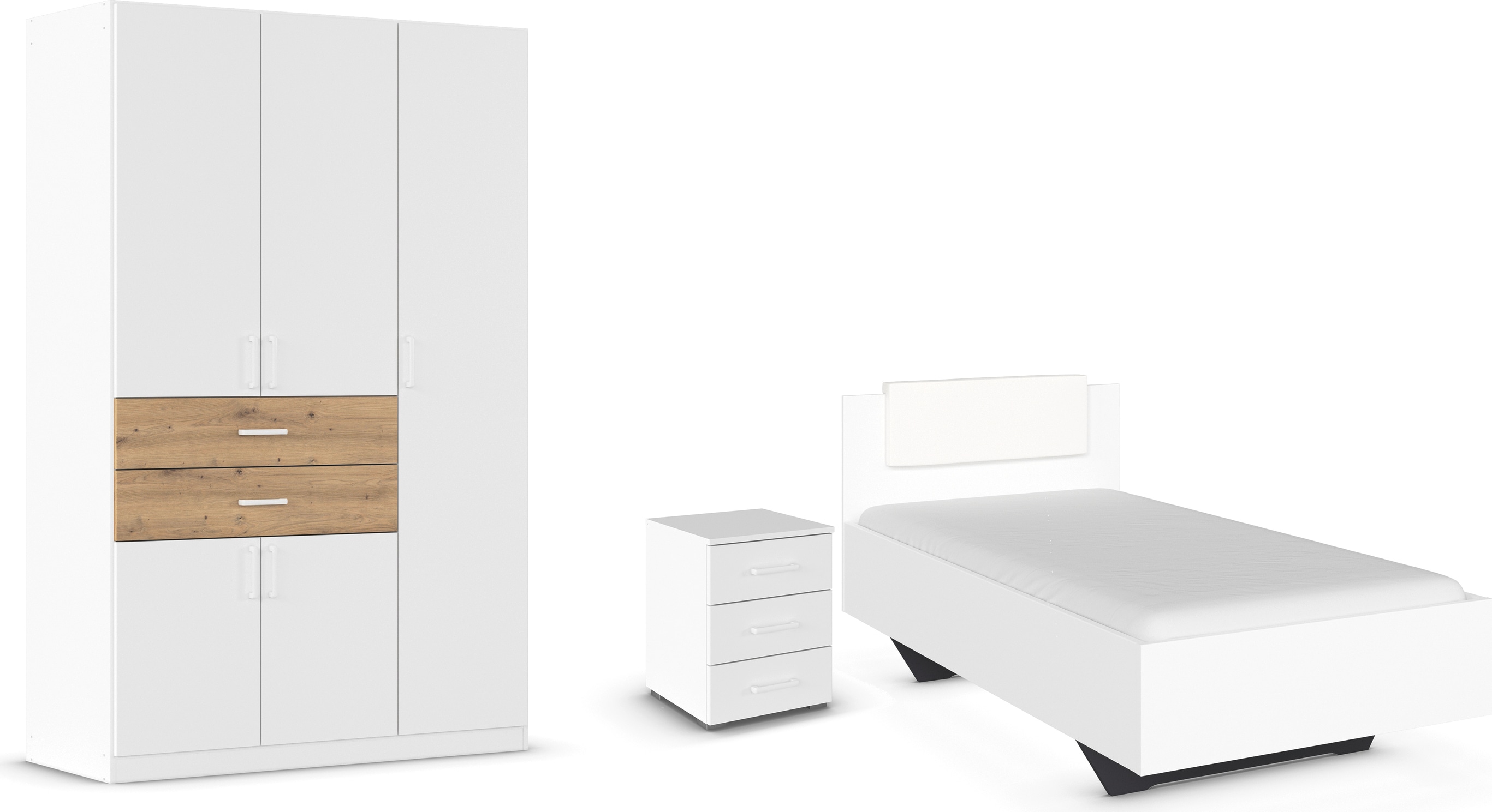 rauch "Komplettzimmer Komplettschlafzimmer Schlafzimmer-Set (3-St.) MAIKA" Set, 3 Stk. tlg. Schrank 3 Breiten, 2 Höhen, Bett 100 cm, Nachttisch MADE IN GERMANY