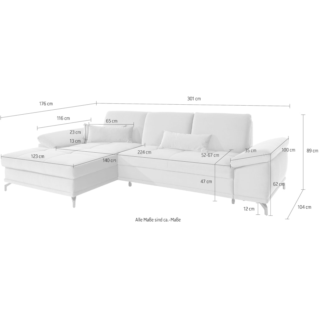 Places of Style Ecksofa Costello, mit Sitztiefenverstellung und Armlehnfunktion, incl. 3 Nierenkissen