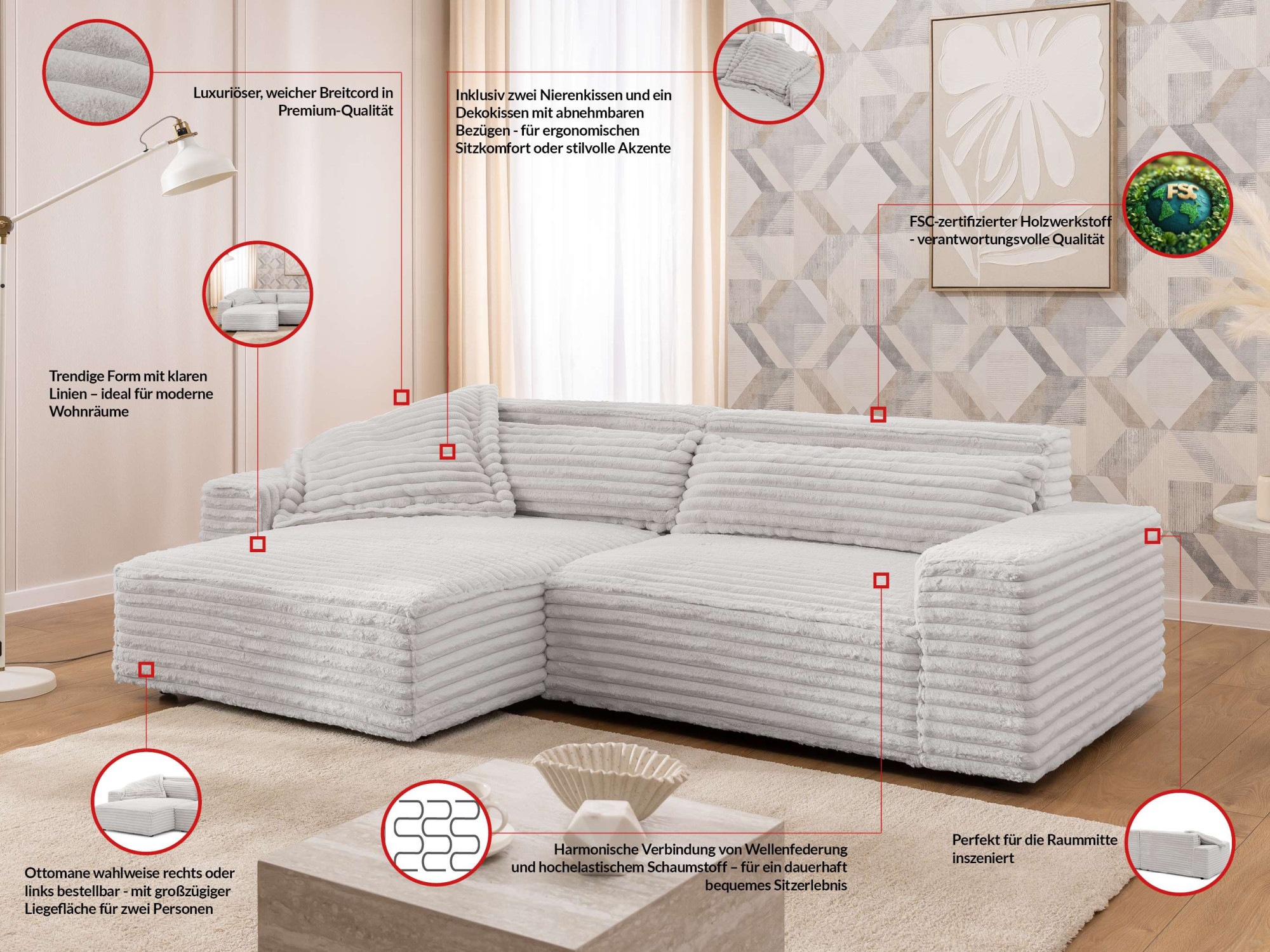 Thumbnail - OTTO home Ecksofa "KINLEE Design-Sofa mit Recamiere rechts/links, Maße B/T/H 251/144/70cm" L-Form mit Wellenunterfederun...