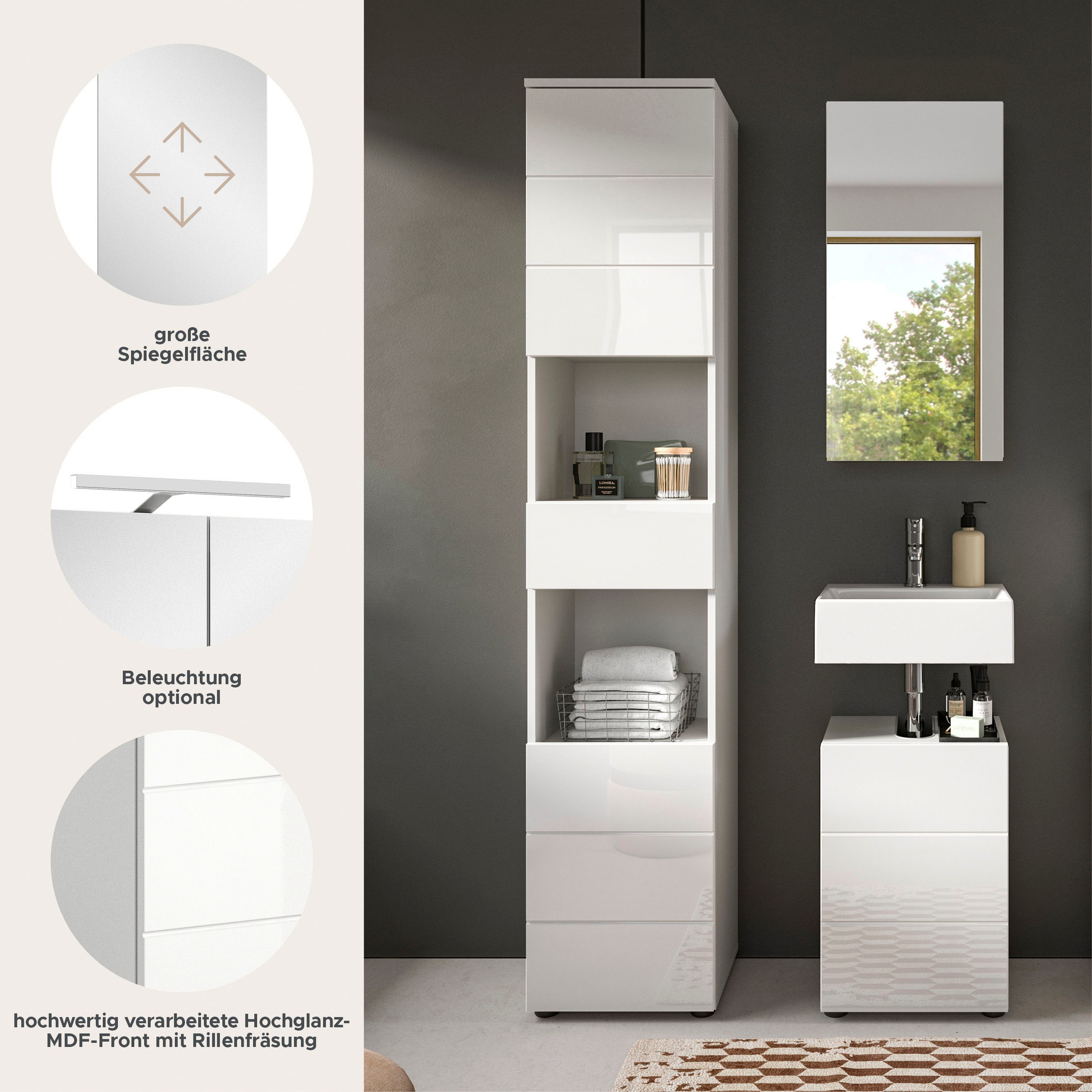 Thumbnail - welltime Badmöbel-Set "Biel, Höhe 190 cm, Hochschrank, Unterschrank, Spiegelschrank" 3 Stk. tlg.