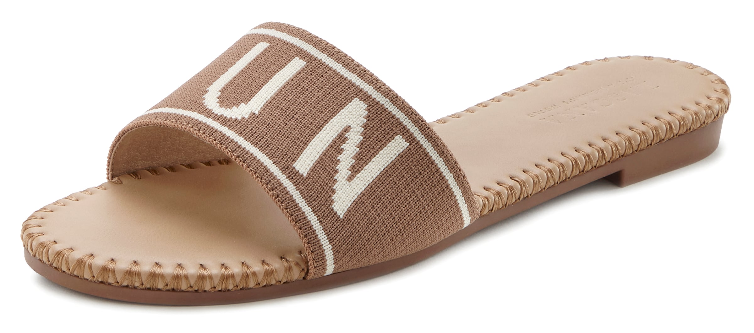 LASCANA Pantolette, Mule, Sandale, offener Schuh aus Textil mit modischem Schriftzug VEGAN