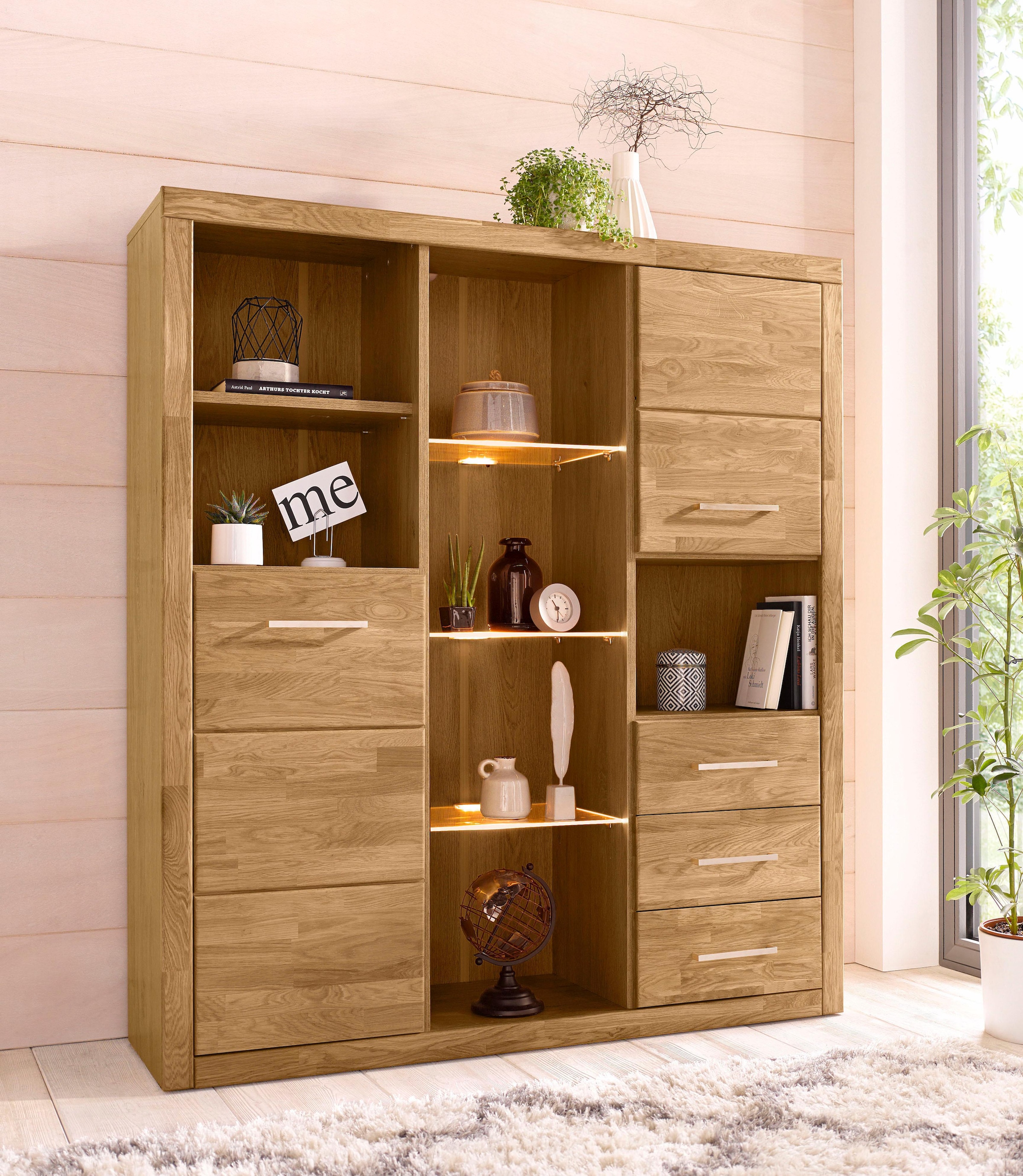 Home affaire Highboard "Ribe,130cm breit145cm hoch,Fronten Massivholz,12 Fä günstig online kaufen