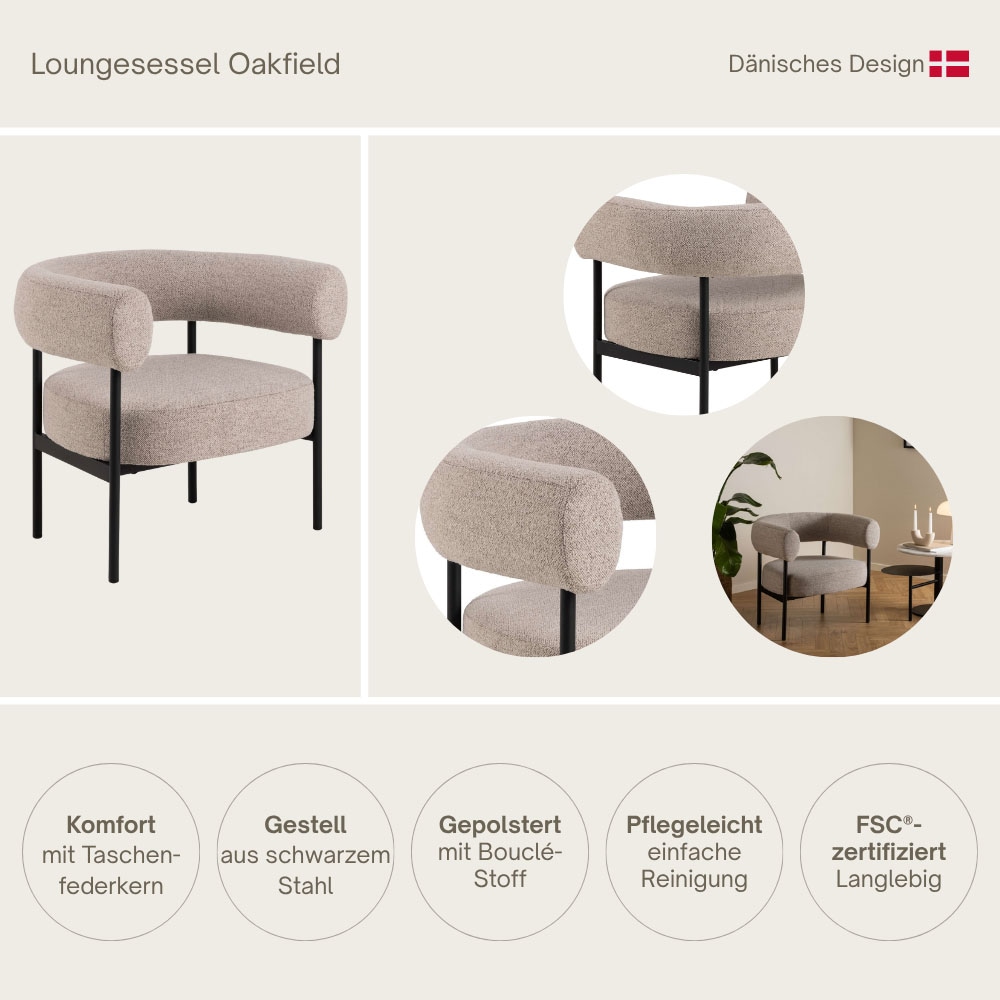 ACTONA GROUP Loungesessel »Oakfield, Polstersessel, Relaxsessel, mit Armlehnen, Hoher Komfort« Modern, Beiger Stoff, Schwarze Stel, Taschenfedern, Sitzhöhe: 43,5 cm