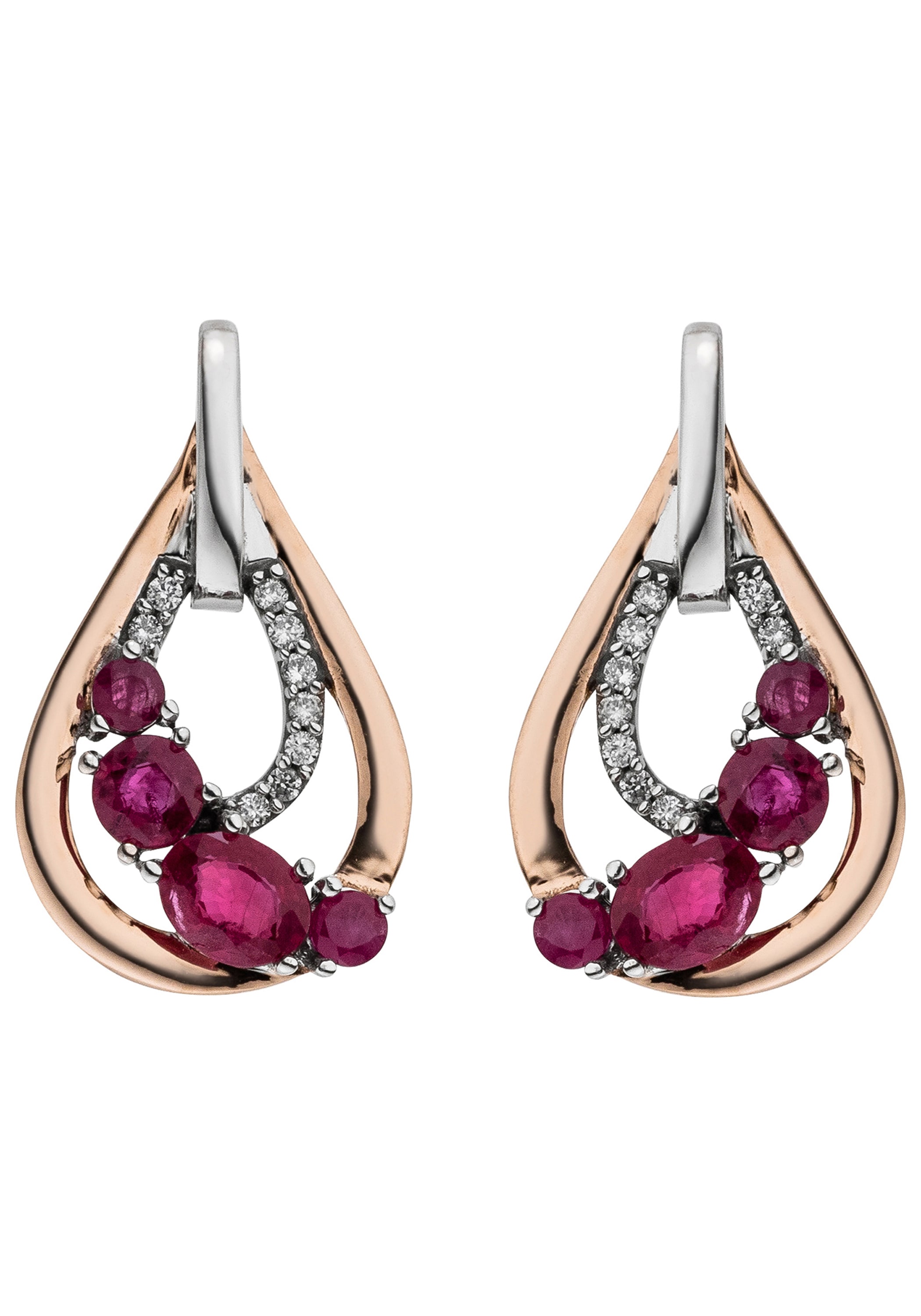 JOBO Paar Ohrstecker »Ohrringe Rubinohrringe Tropfen 18 mm« 585 Gold bicolor Rubin und 18 Diamanten