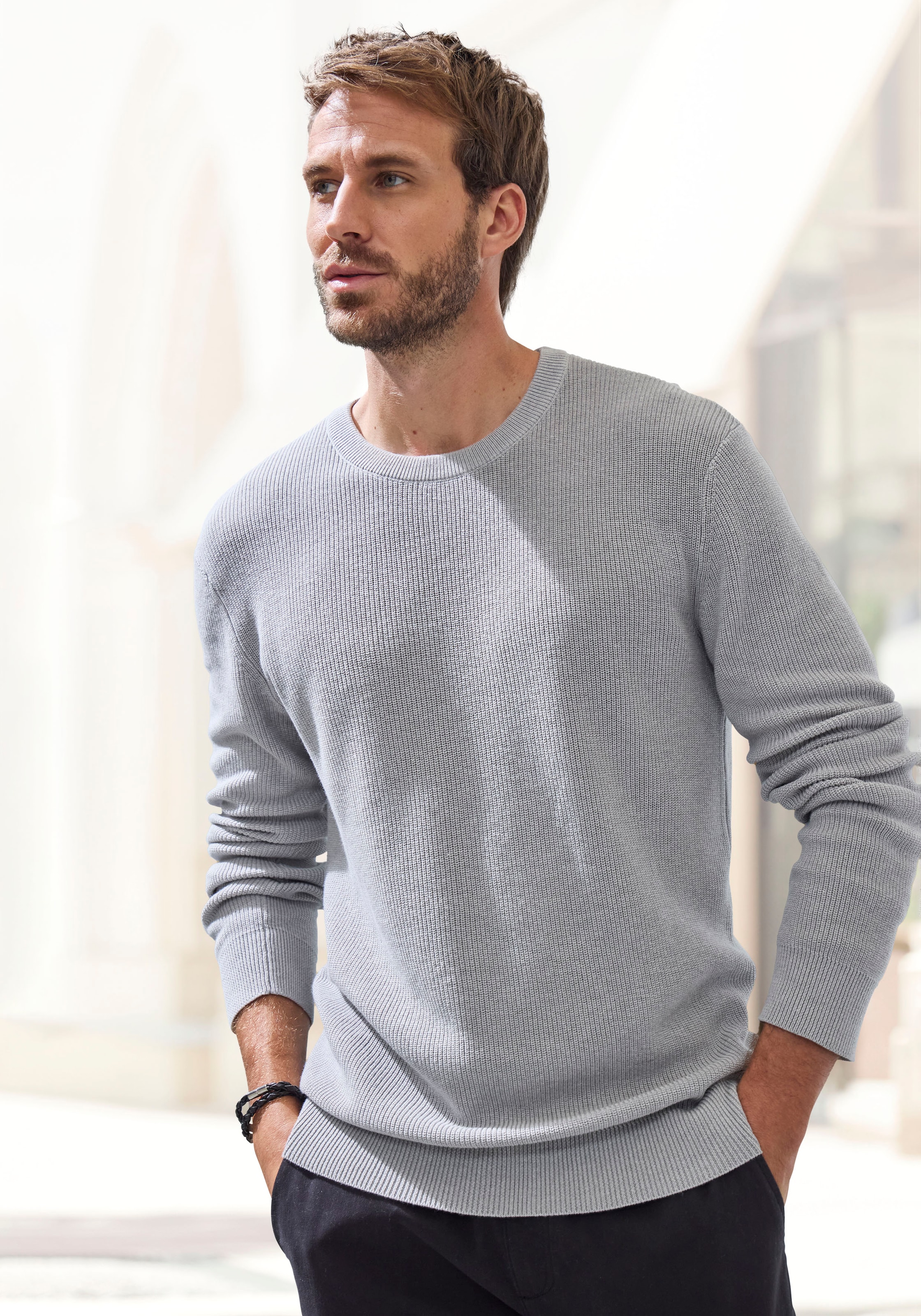 Strickpullover JOHN DEVIN "bis Größe 5XL", Herren, Gr. 4XL (68/70), grau (hellgrau), Strick, Obermaterial: 50% Baumwolle, 50% Polyacryl, unifarben, regular fit normal, Rundhals, Strickbündchen, Pullover Strickpullover, Pullover in modischen Farben aus Bau