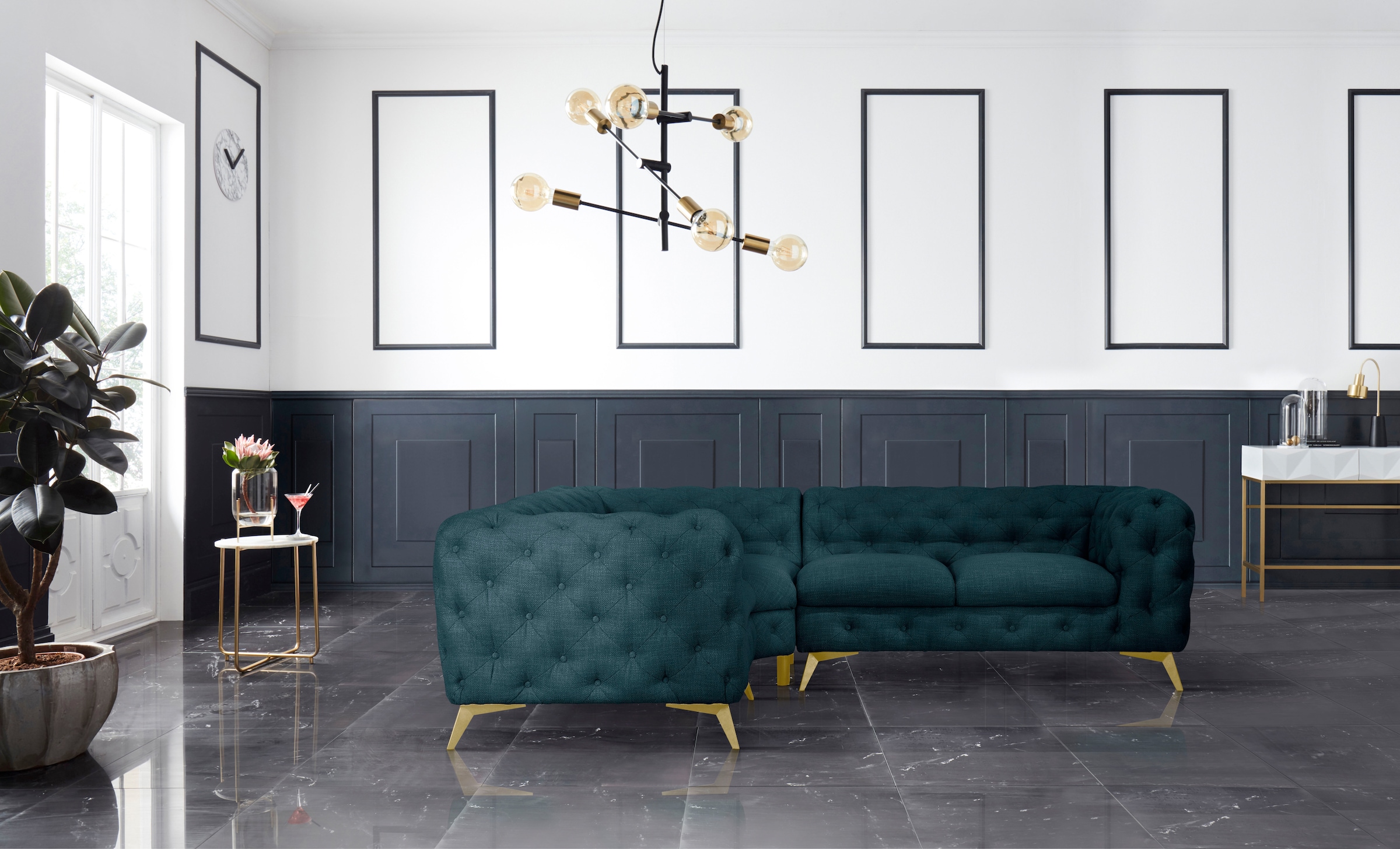 Leonique Chesterfield-Sofa »Ecksofa GLYNIS L-Form mit Wellenunterfederung, Maße B/T/H 264/204/75cm«, aufwändige Knopfheftung, moderne Chesterfield Optik, Fußfarbe wählbar
