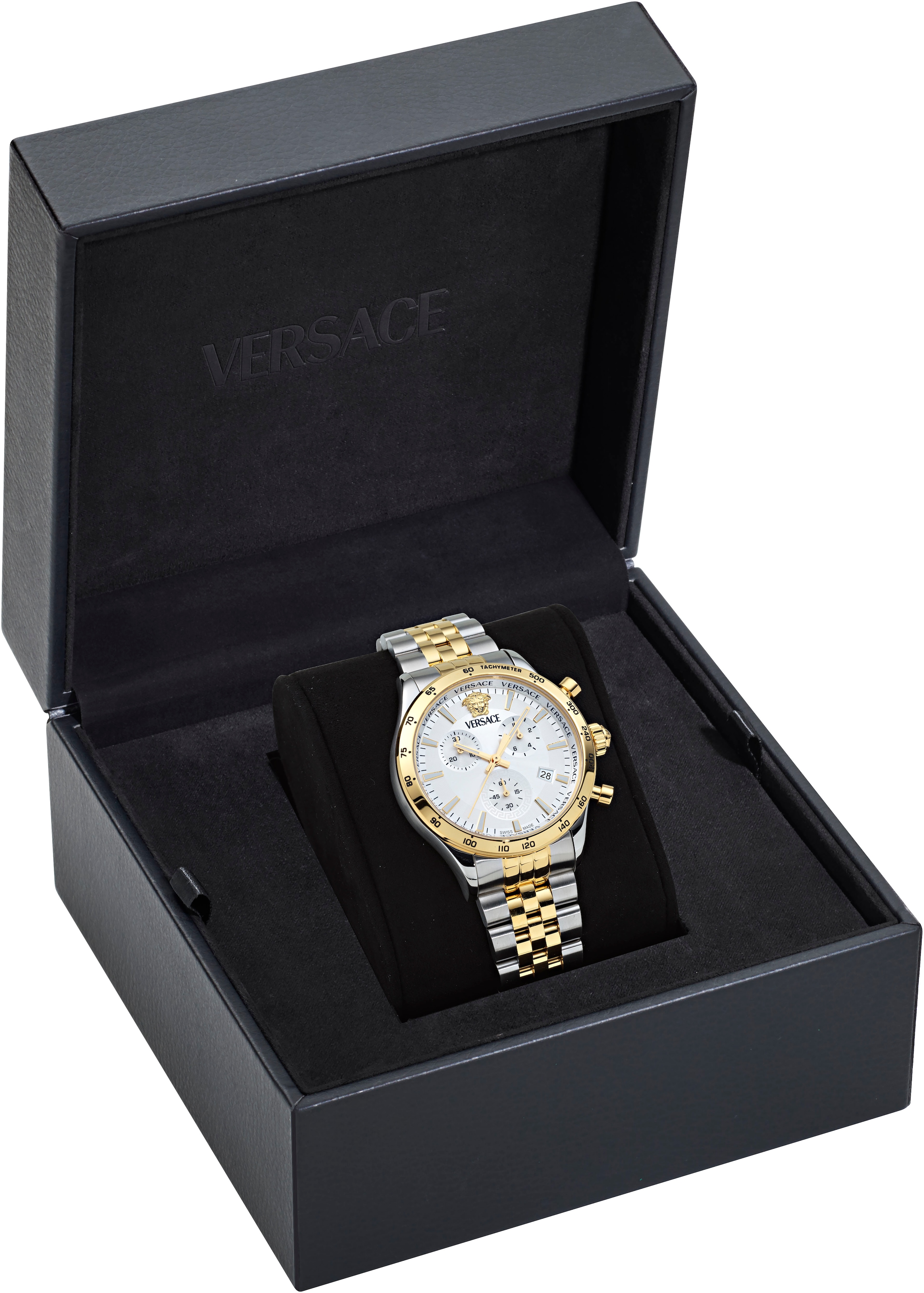 Versace Chronograph »HELLENYIUM CHRONO PETITE«, Quarzuhr, Armbanduhr, Herrenuhr,Swiss Made,Edelstahlband,Stoppfunktion