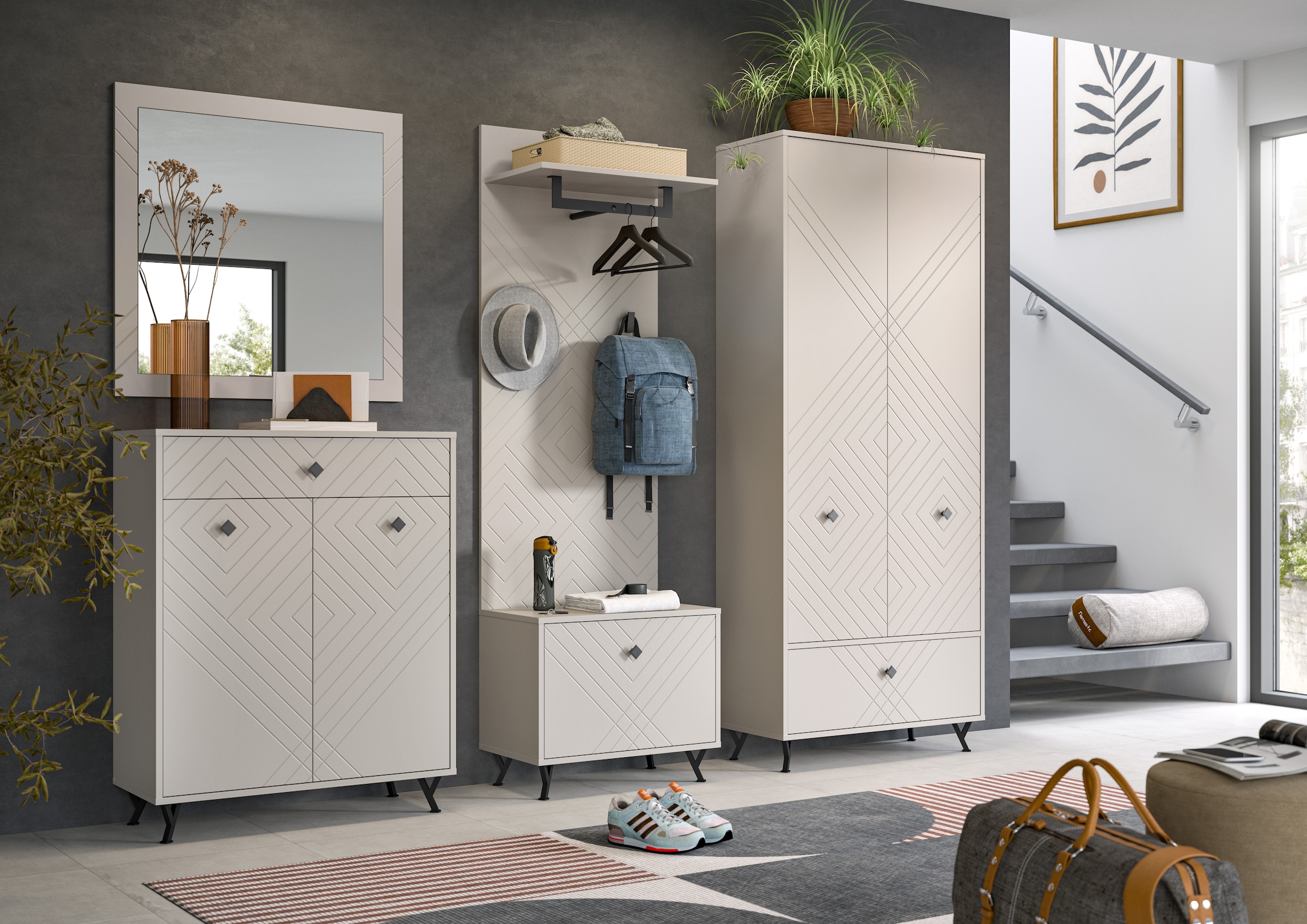 INOSIGN Garderobenschrank »Mento, Höhe 190cm, 2 Türen, 1 Klappe, 4 Einlegeböden, 6 Fächer«, Metall Knopfgriffe & Y-Füße, Front mit Ornamentfräsung, Kleiderschrank