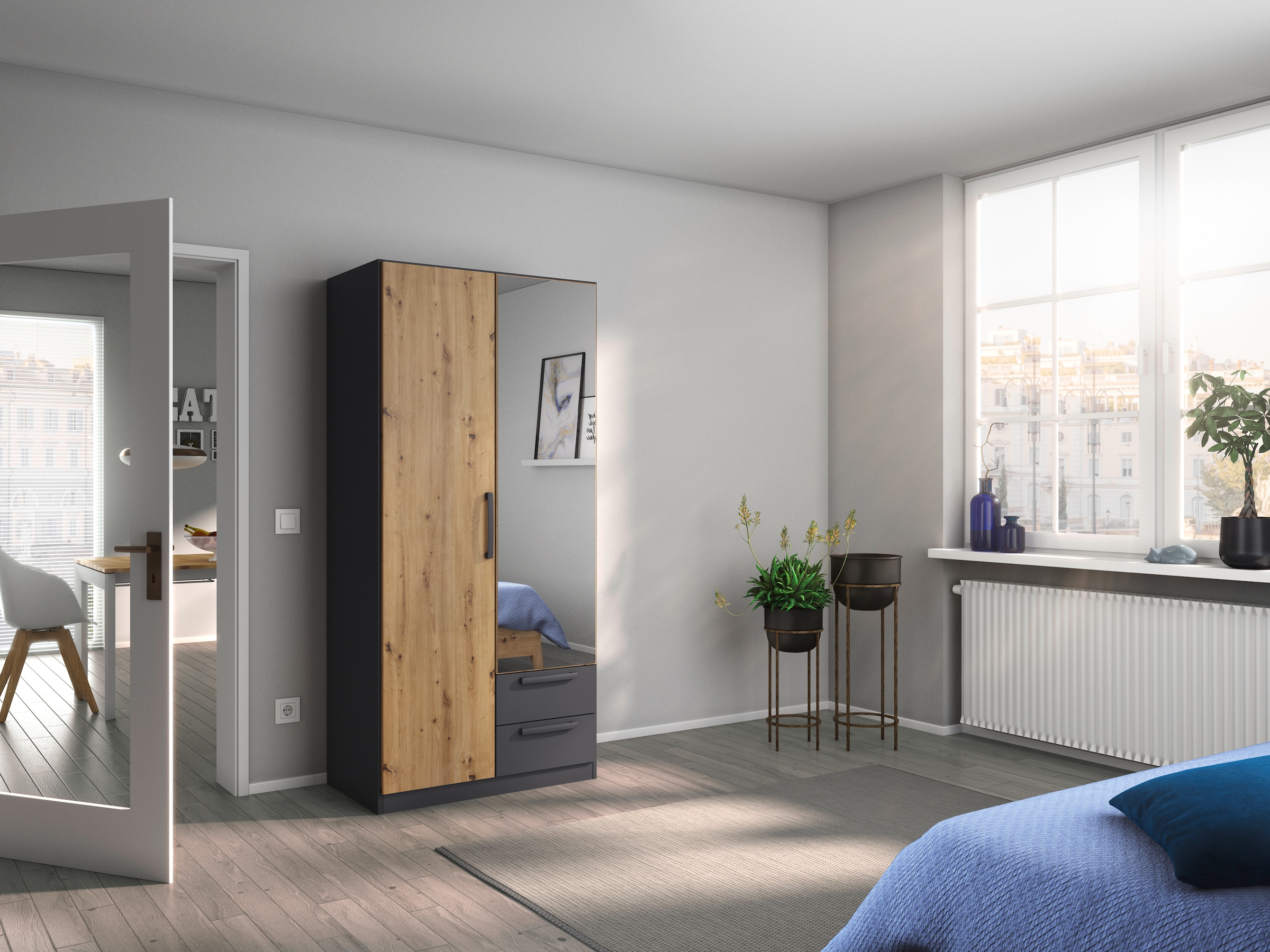 rauch Drehtürenschrank "StyleUp", Typ Dark & Wood mit trendigen farblich abgesetzten Griffen