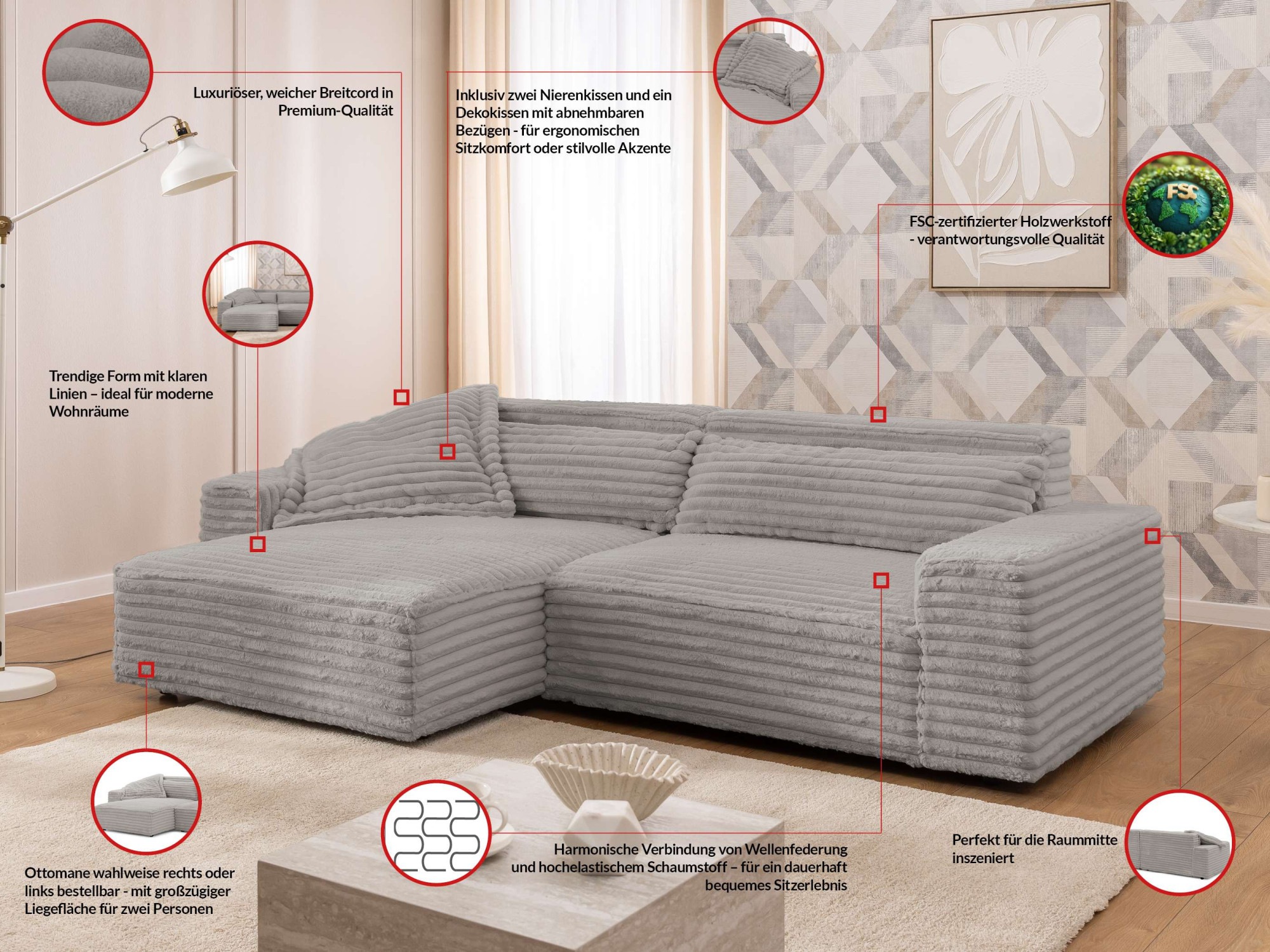 Thumbnail - OTTO home Ecksofa "KINLEE Design-Sofa mit Recamiere rechts/links, Maße B/T/H 251/144/70cm" L-Form mit Wellenunterfederun...