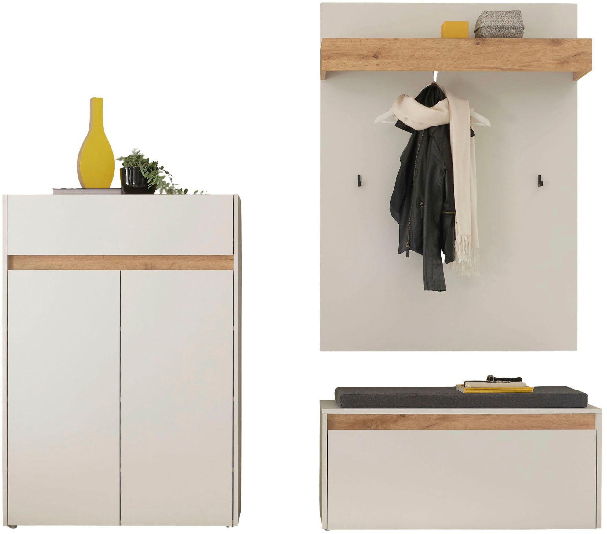 INOSIGN Garderoben-Set »City/Giron, moderne Garderobe, viel Stauraum, ca. 24 Schuhe«, (Set, 3 St.), enthält Schuhschrank, Garderobenpaneel & Garderobenbank mit Sitzkissen