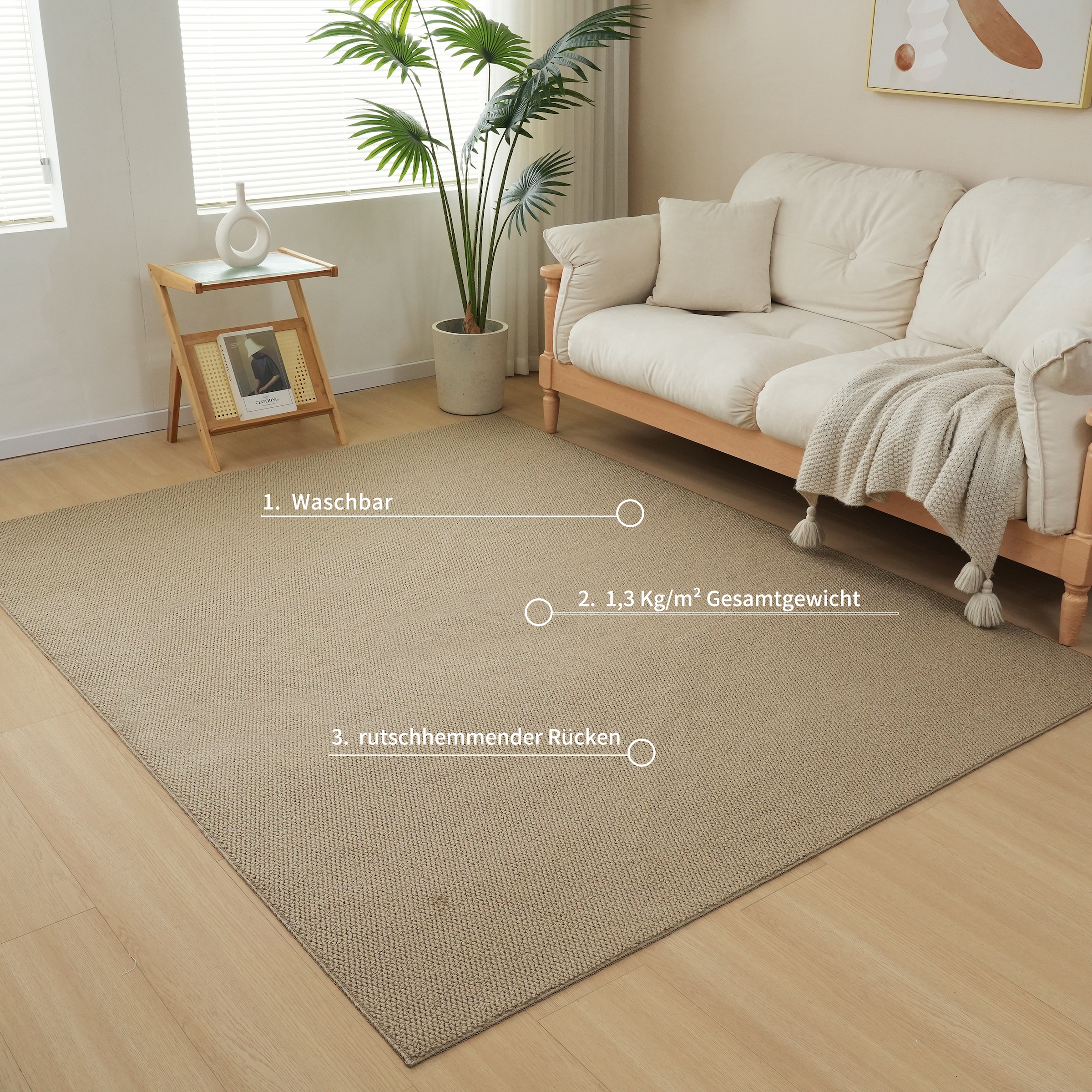 OTTO home Teppich »Lilia« rechteckig 5 mm Höhe Sisal-Optik, uni, waschbar, Wohnzimmer, Schlafzimmer, Esszimmer