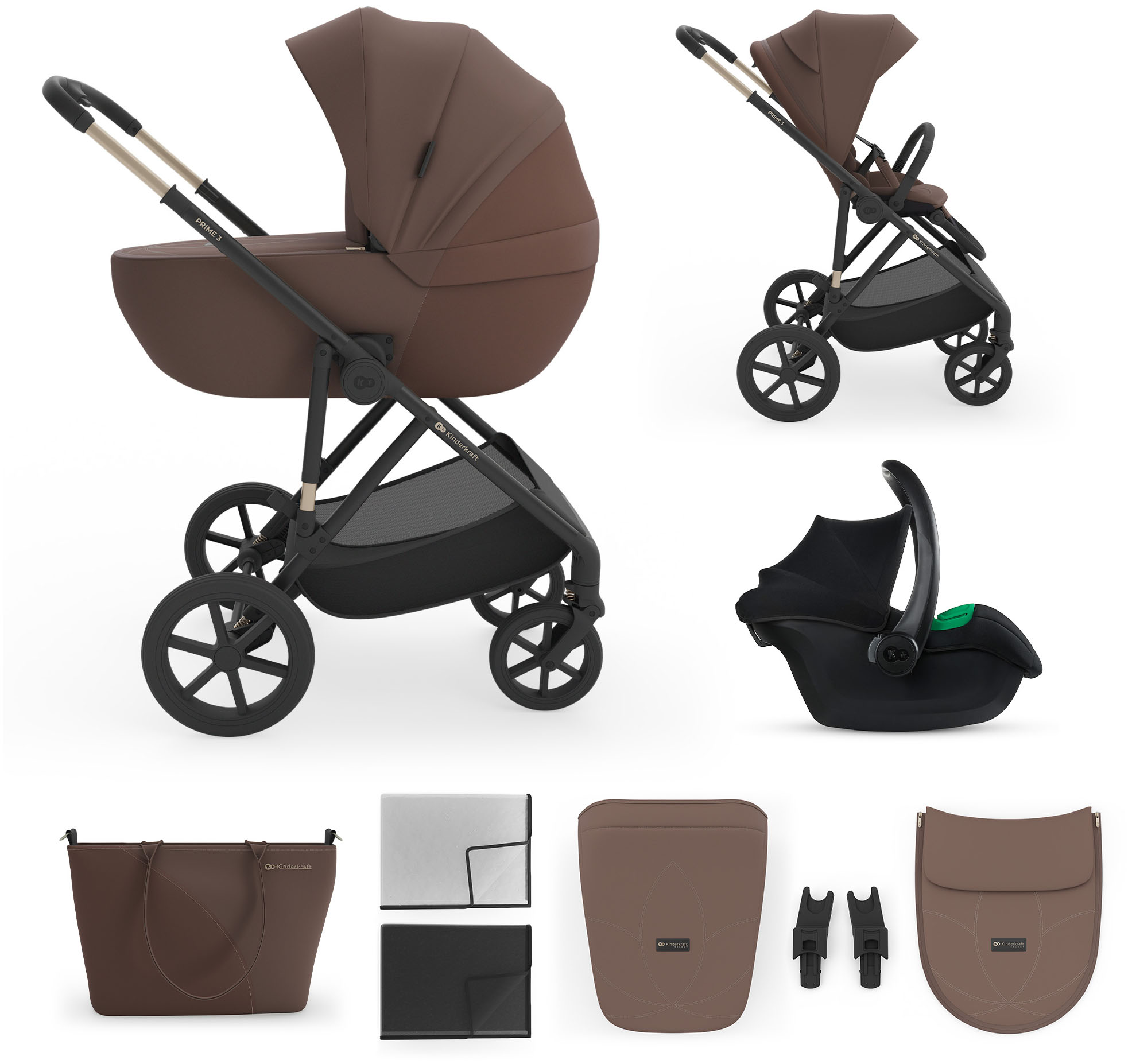 Kinderkraft Kombi-Kinderwagen "PRIME 3 3in1" 22 kg inkl. Babyschale MINK
