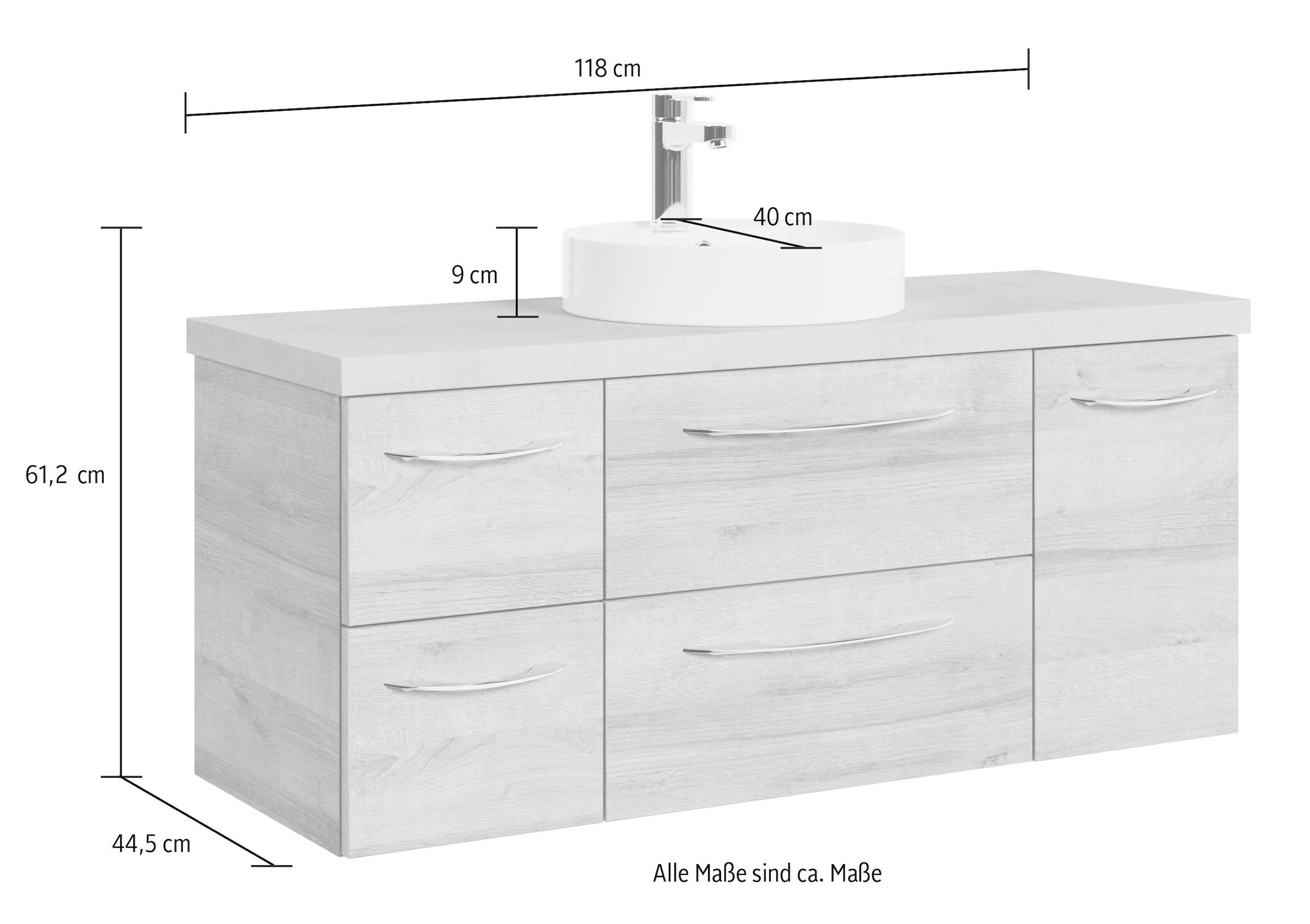 Saphir Waschtisch »Serie 4035 Keramik-Aufsatzbecken mit Unterschrank, 118 cm breit«, Waschplatz, 4 Schubladen, 1 Tür, inkl. Türdämpfer, Griff Chrom Glanz