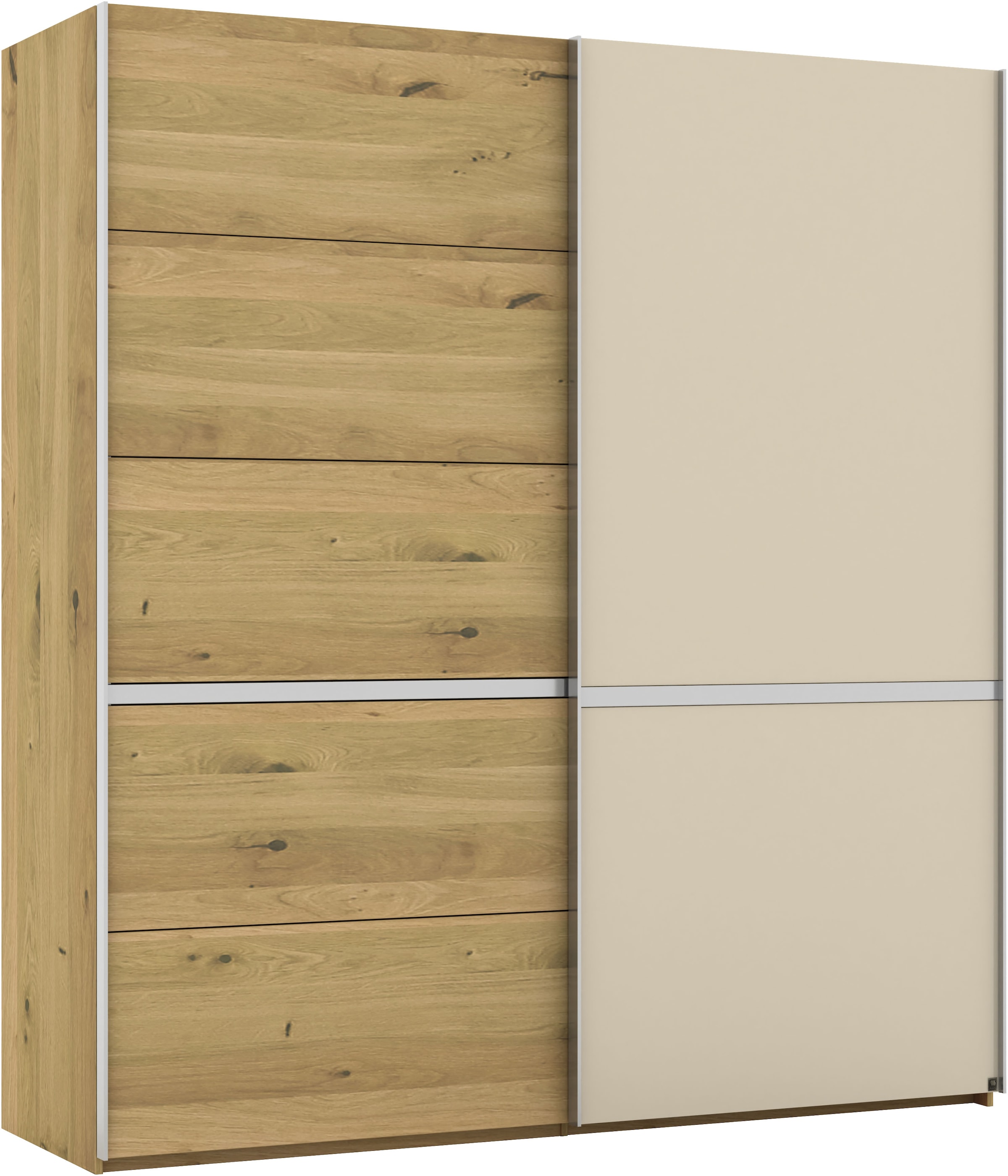 Musterring Schwebetürenschrank »Savona, Kleiderschrank, Schrank, Garderobe, mit Schiebetüren«, (Teilmassiv Bianco-Eiche, mit Spiegel oder Glas, MADE IN GERMANY), Türen Bianco-Eiche massiv, Spiegel-/Glastüren, eingelegte Chromleiste