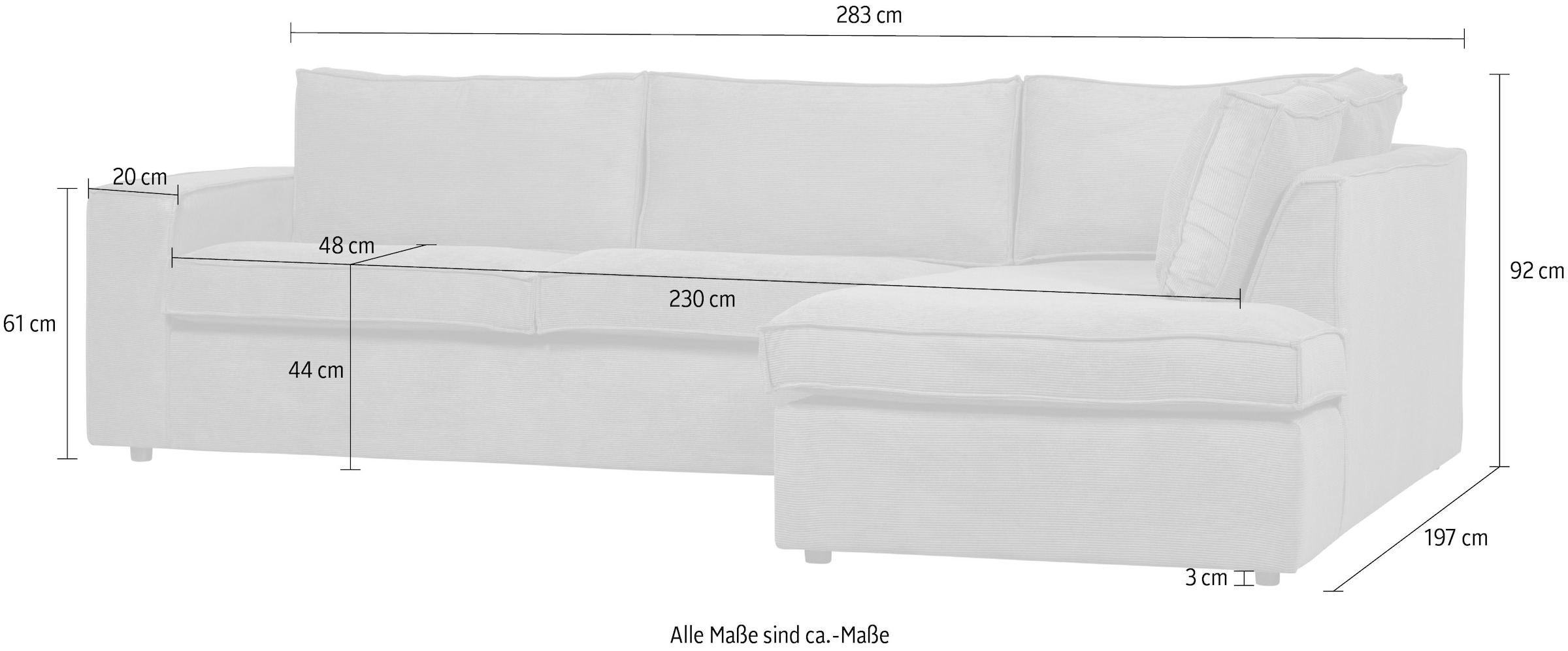WOOOD Ecksofa »Thomas Rechts Bezug mit Steppnaht, H 92 x B 283 x D 197 cm« Ripsstoff, Sehr hohe Verschleißfestigkeit, Kunststoffbeine
