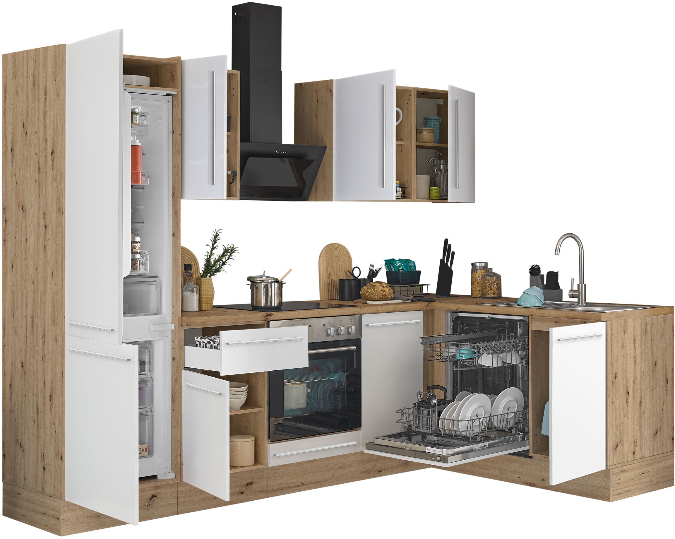 KOCHSTATION Winkelküche »Florida, Stellbreite 280x165 cm«, wahlweise mit E-Geräten, mit Softclose für Türen und Schubkästen