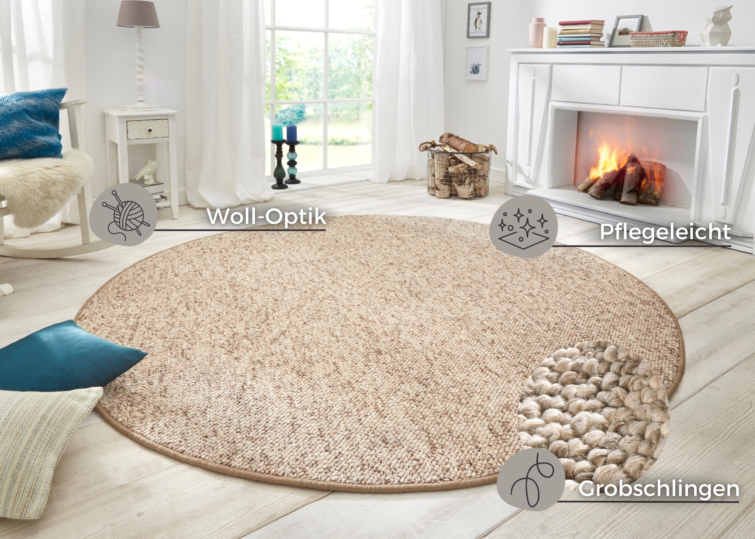 HANSE Home Teppich »Wolly 2«, rund, 12 mm Höhe, Flachgewebe, Skandi, Woll-Optik, Esszimmer, Wohnzimmer, Flur