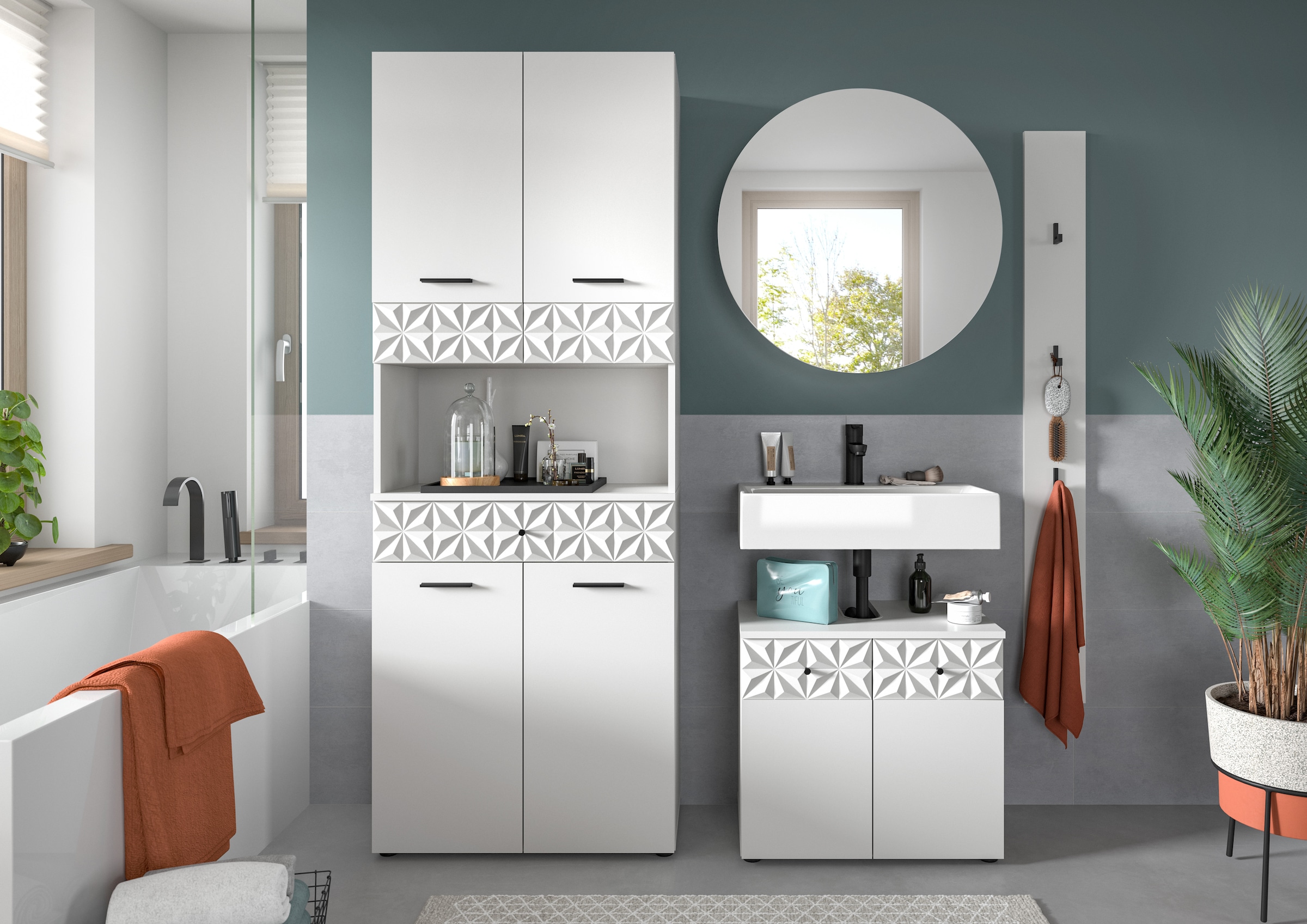 INOSIGN Badezimmer-Set »VICENZA, TOPSELLER!, Breite 176cm, 4-teilig, mit Ornamentabsetzung«, (Hochschrank, Waschbeckenunterschrank, Spiegelschrank und Hakenleiste), Hochschrank, Waschbeckenunterschrank, Spiegelschrank und Hakenleiste