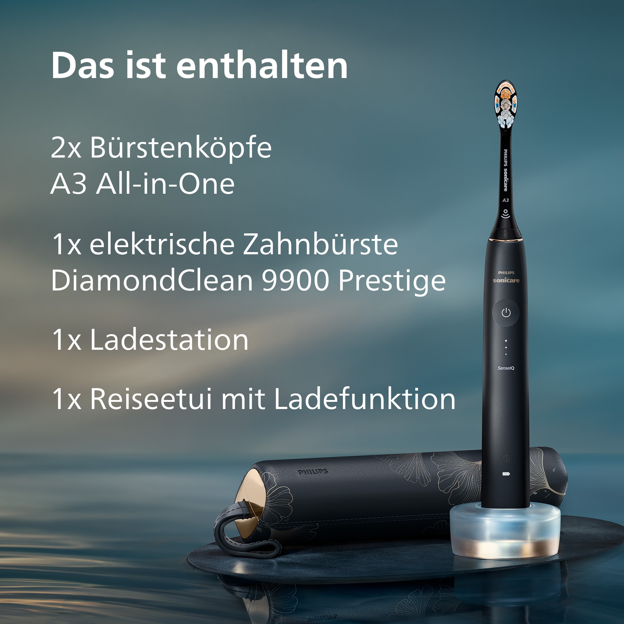 Philips Sonicare Elektrische Zahnbürste »DiamondClean Prestige 9900 HX9992« 2 Stk. Aufsteckbürsten mit integriertem Drucksensor, 5 Putzprogramme, inkl. Ladeetui