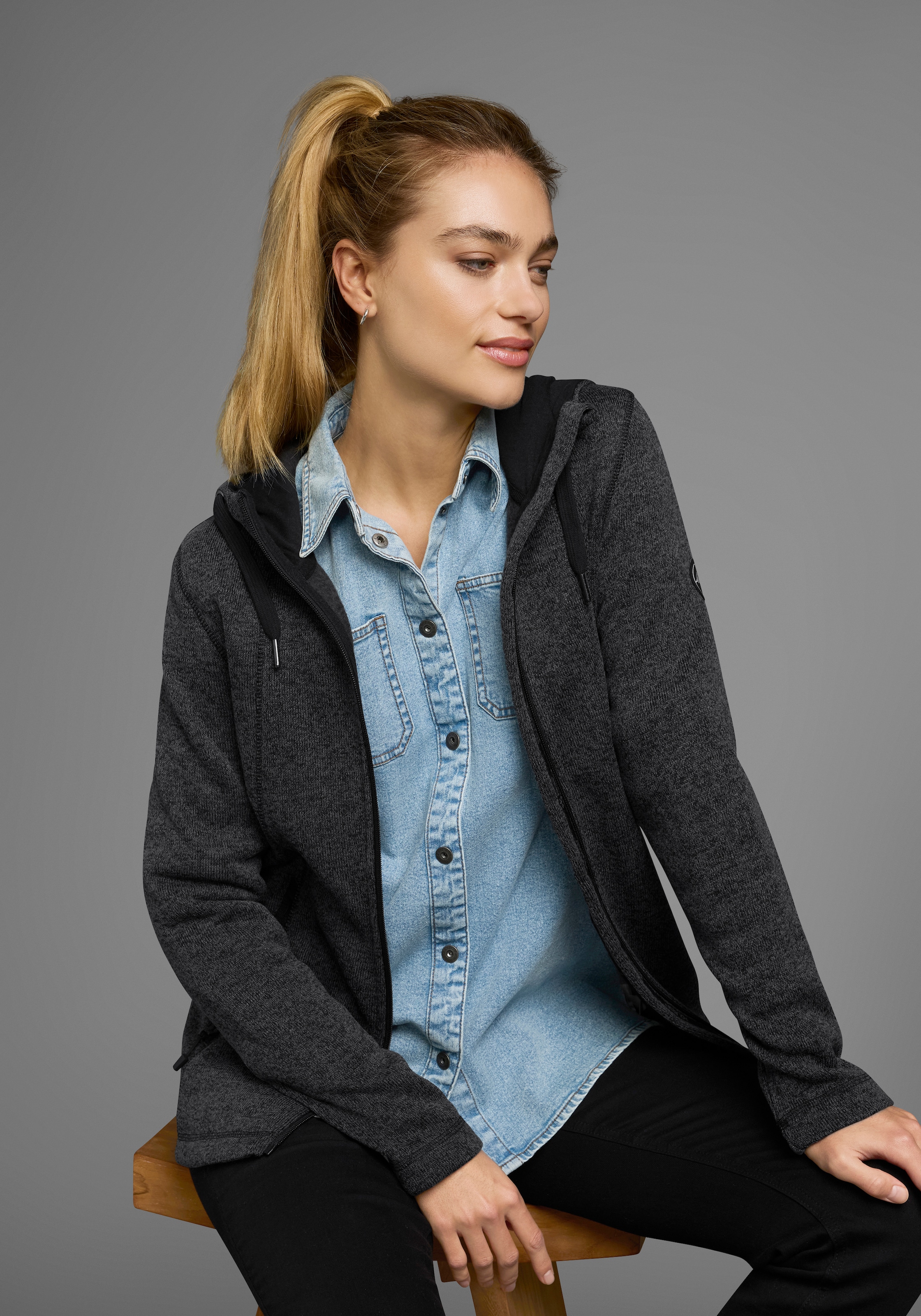 Polarino Strickfleecejacke, mit Kapuze, für kalte Tage, aus Strickfleece, sportlicher Stil