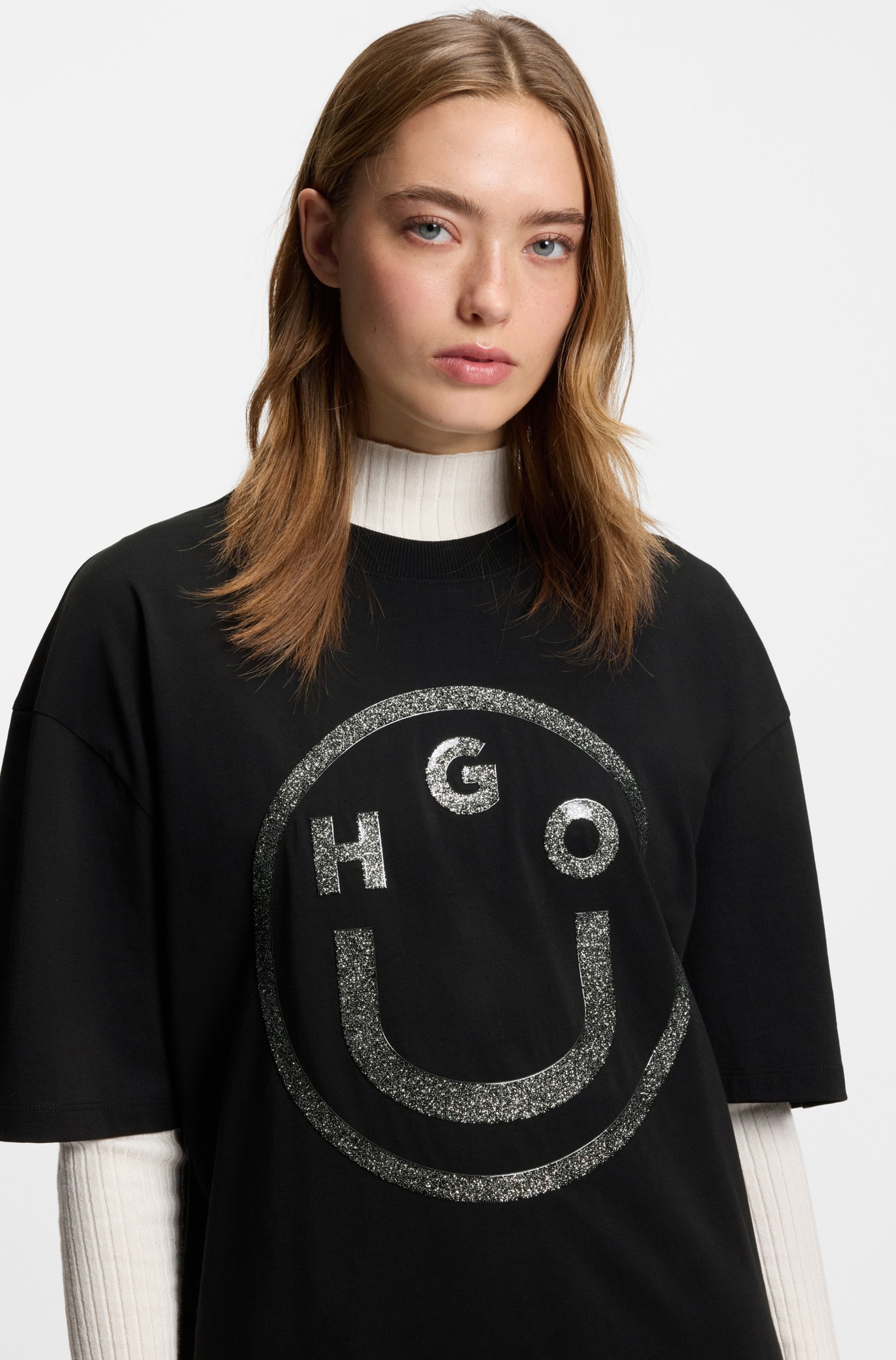 HUGO Blue Rundhalsshirt »Oversized Tee«, Happy Hugo Print, unisex