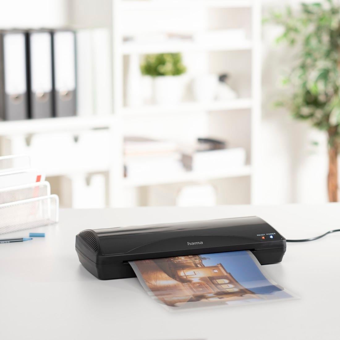 Hama Laminiergerät »Laminator für DIN A4, Heiß- und Kaltlaminierung, 2 Rollen, schwarz«, Mit Laminierfolien, Tischgerät, Verwendung im Office und Privat