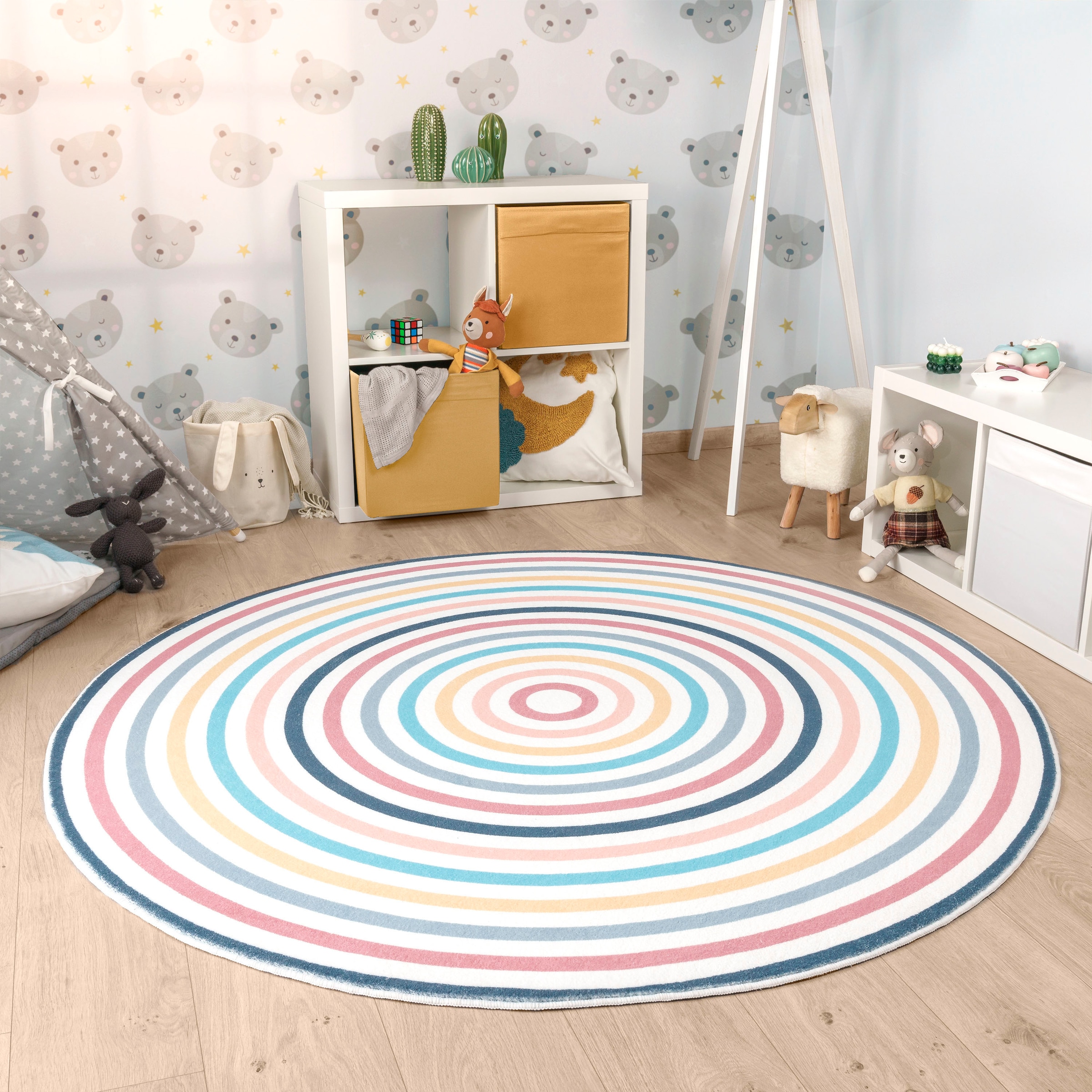 Paco Home Kinderteppich »Niloya 365«, rund, Spielteppich, Kurzflor, bedruckt, Kreise, gestreift, waschbar