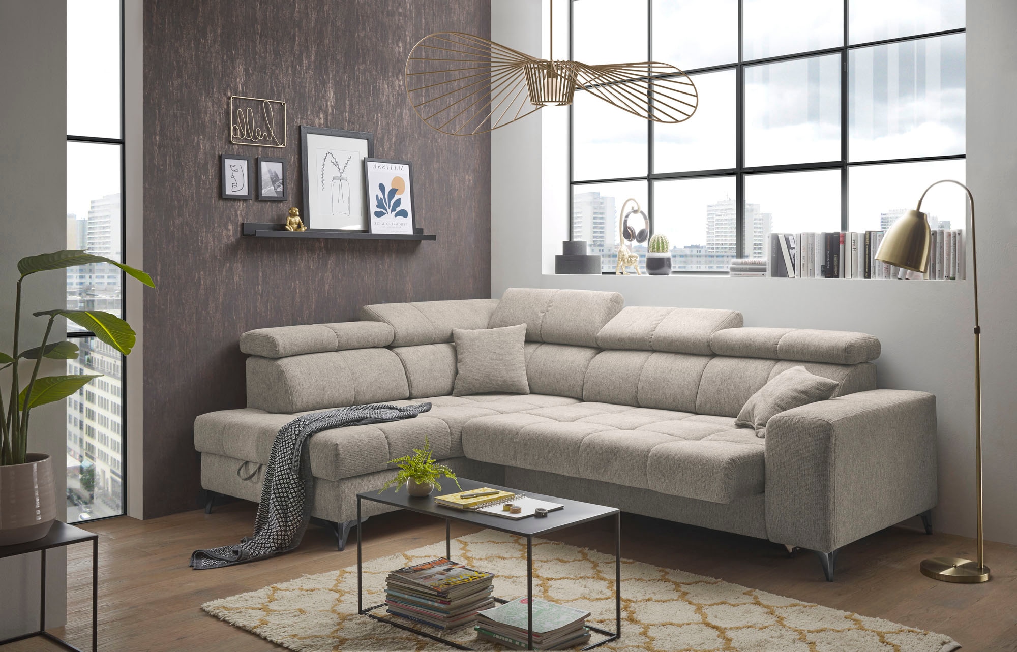 ED EXCITING DESIGN Ecksofa »Sydney L-Form mit Bettfunktion, Bettkasten, Kopfteilverstellung«, motorischer Sitztiefenverstellung, USB-Port & 2 Zierkissen
