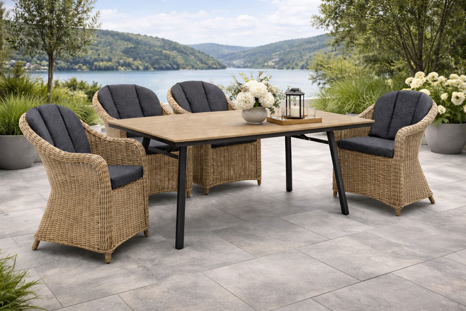 Destiny Garten-Essgruppe "MALAGA SAN MARINO 4 Se + Tisch RE 180x90cm holzf./ natur meliert" Set, Aluminium, Polyrattan, Polywood