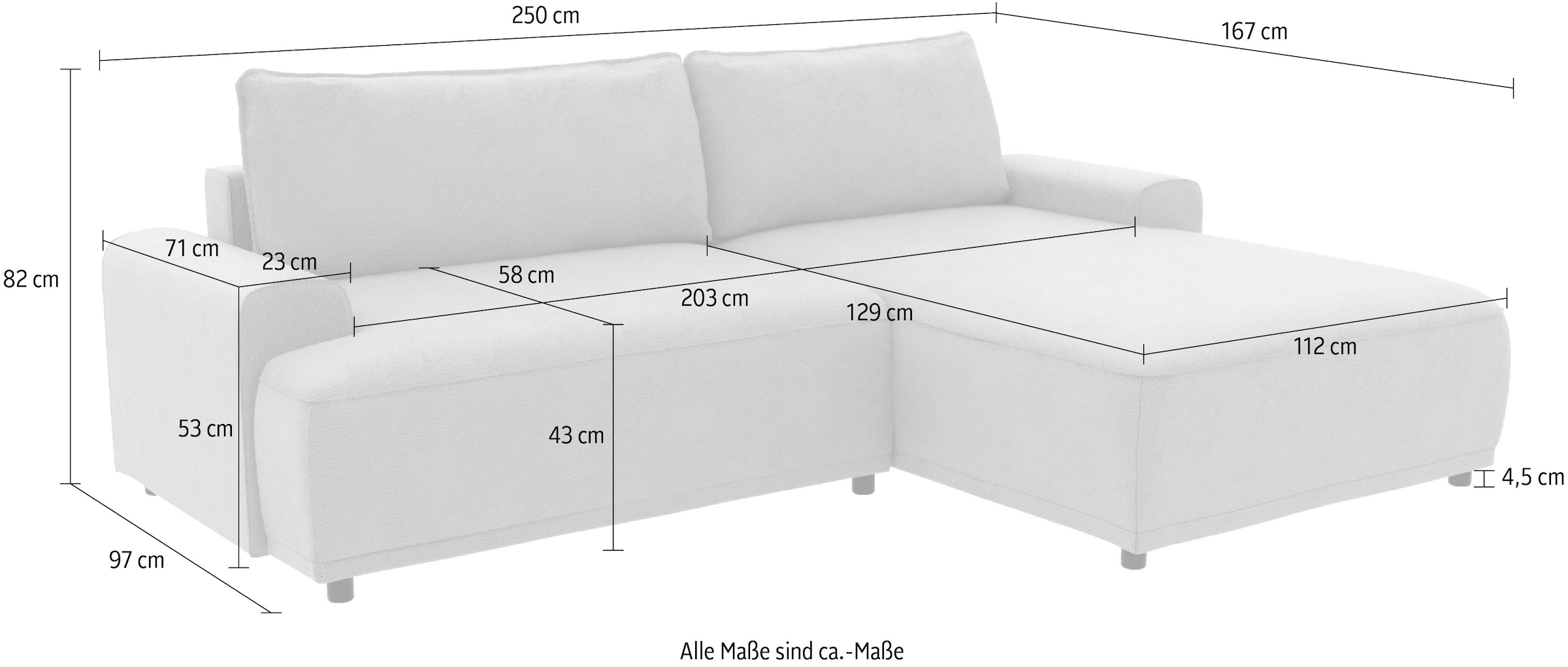 TRENDMANUFAKTUR Ecksofa »Fordon, Schlafsofa mit Bettkasten, Couch in L-Form, Breite 250 cm«, in Struktur LUMOS, 3D-Effekt, anthrazit, Recamiere rechts