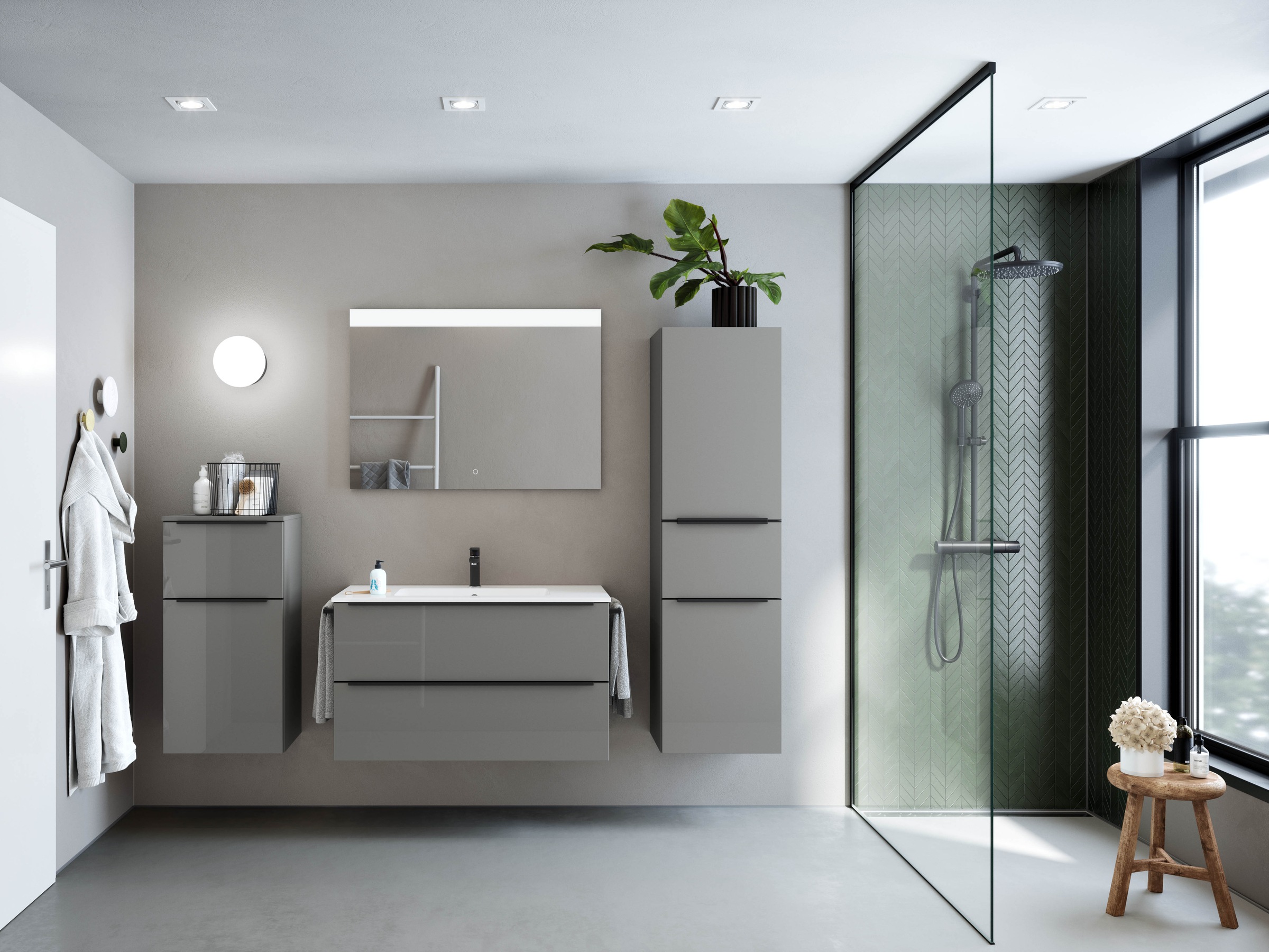 nobilia® Badmöbel-Set »Levere«, (2 St., vormontiert, mit Soft-Close), Hochglanz, inkl. Spiegel mit Touch-Sensor, in vier Breiten