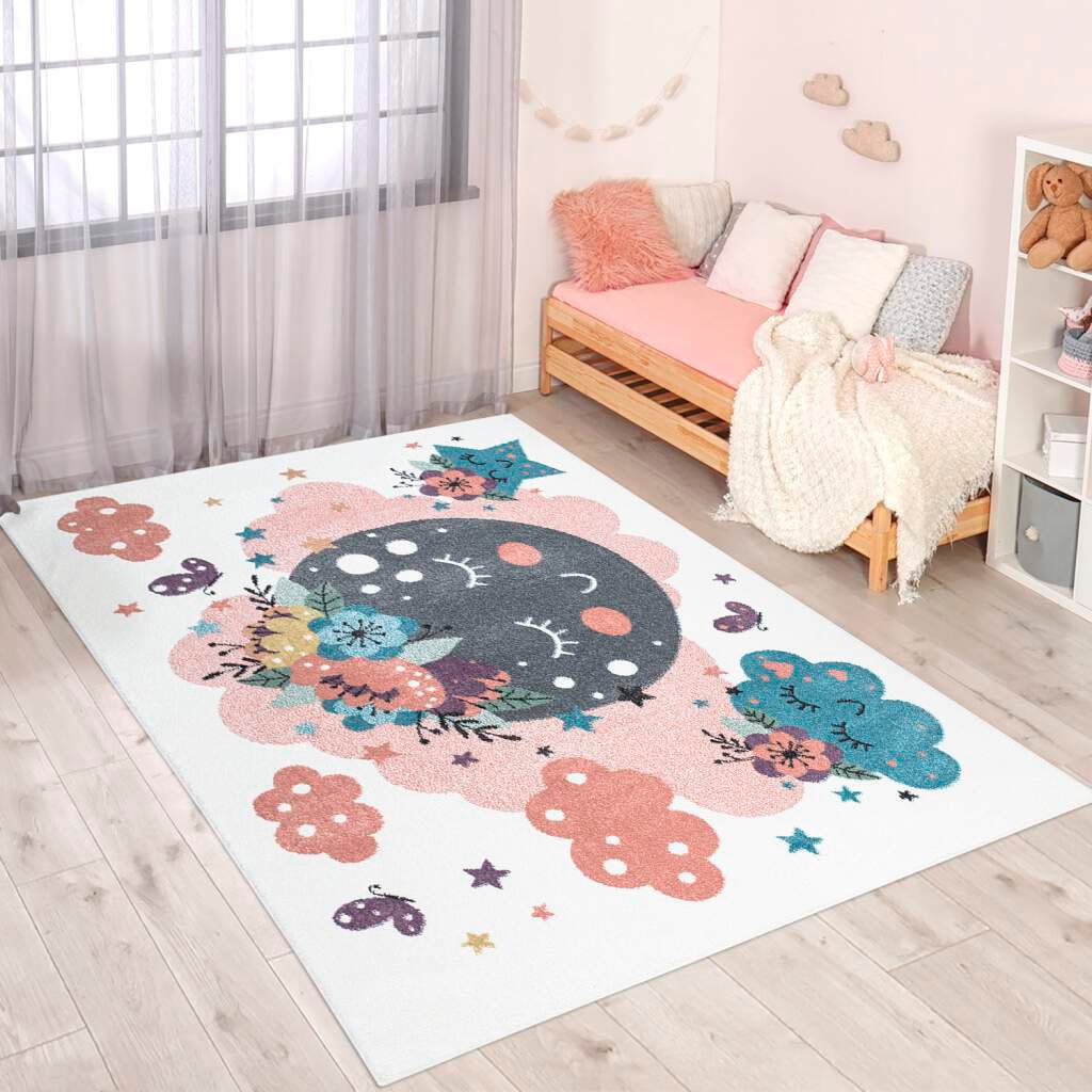 Carpet City Kinderteppich "ANIME917", rechteckig, 11 mm Höhe, Kinderzimmer Teppich Modern mit Mond, Blumen, Wolken, Crem