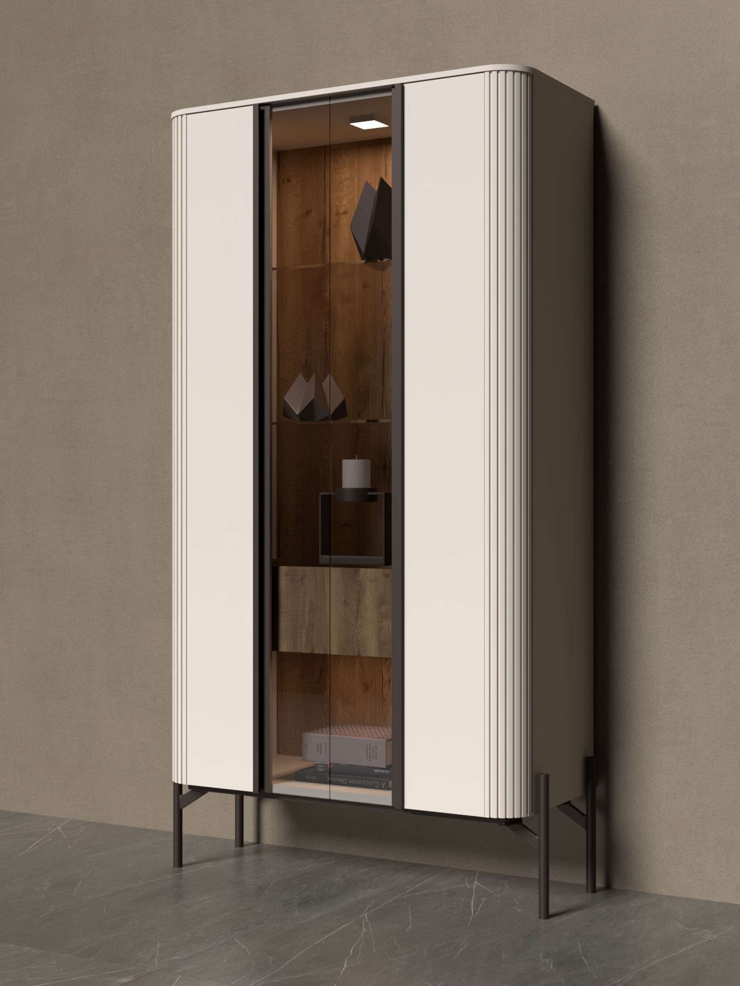 OTTO home "Rondo, Showcase,Parsol-Sicherheitsglas,LED-Bel., B/T/H:94/40/180 cm" UV lackiert, Soft Close Funktion, Metallrahmen als Basis des Elements