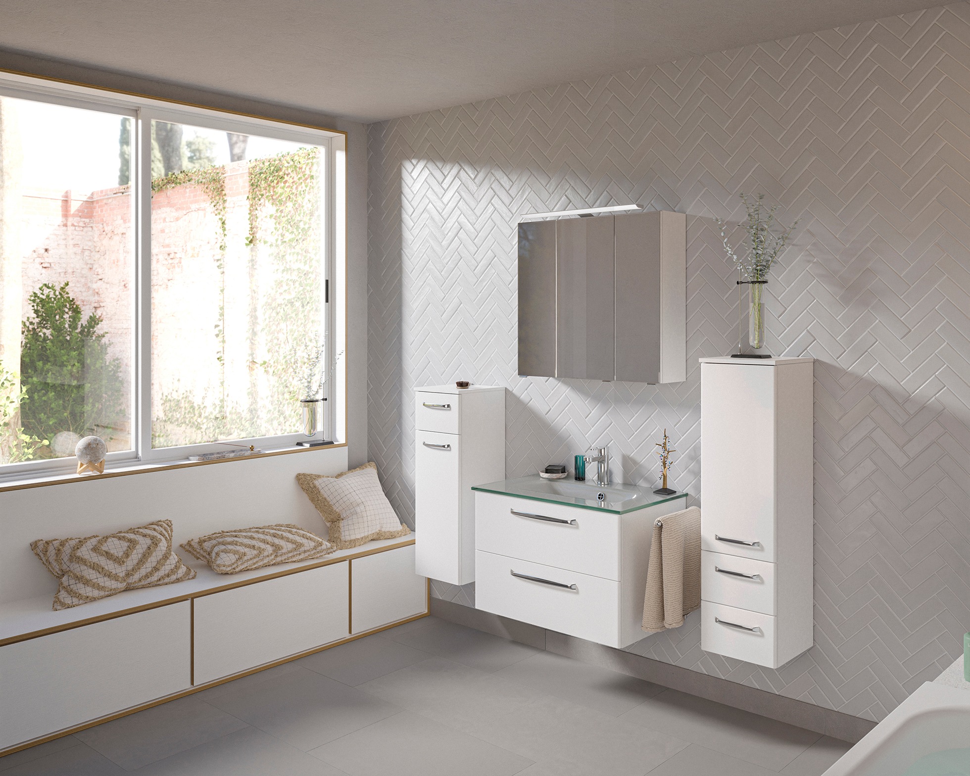 Saphir Badmöbel-Set »Badmöbel-Set Trentino 4-teilig Glas-Waschtisch mit LED-Spiegelschrank«, (5 St.), Badezimmer-Set mit Midischrank und Unterschrank inkl. Türdämpfer
