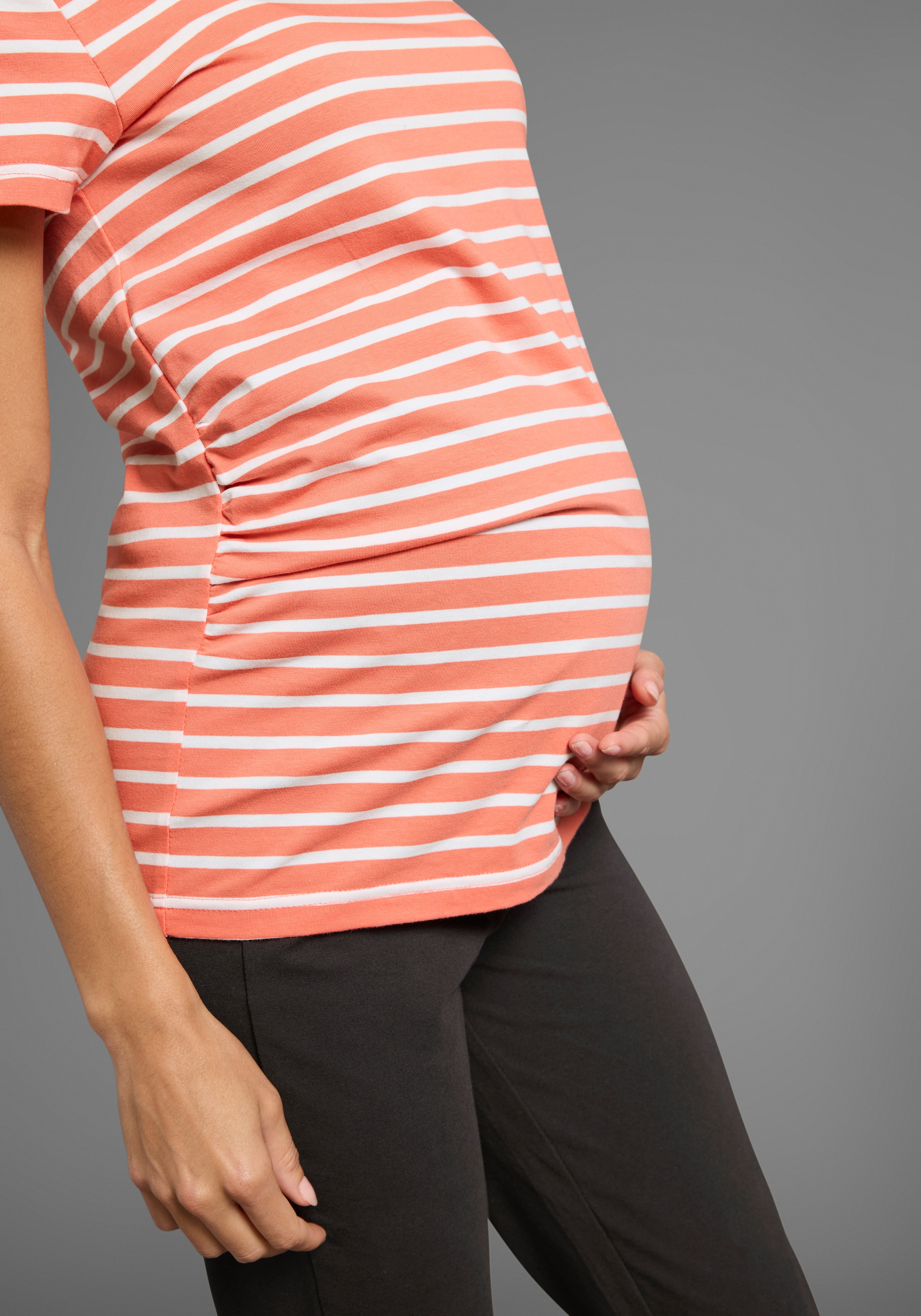 Umstandsshirt NEUN MONATE "2tlg. Set: T-Shirt+Leggings", Damen, Gr. 44/46, schwarz (aprikot geringelt, schwarz), Jersey, Obermaterial: 95% Baumwolle, 5% Elasthan, geringelt, figurbetont, Rundhals, Shirts Umstandsshirt, Komplett Outfit für die Schwangersch 2